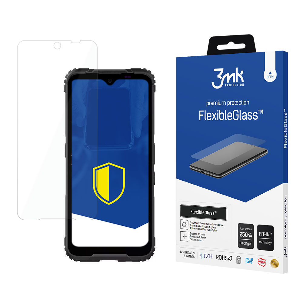 Wyświetlany jest telefon i ochraniacz ekranu. Ochraniacz jest na telefonie i widoczne jest pudełko z nazwą produktu.