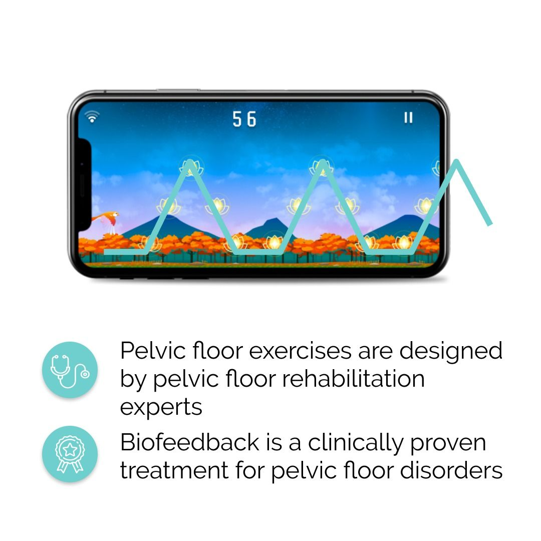 Ein Telefon zeigt ein Spiel mit blauem Himmel, Bergen und einem Liniendiagramm. Der Text darunter lautet Beckenbodenübungen und Biofeedback.