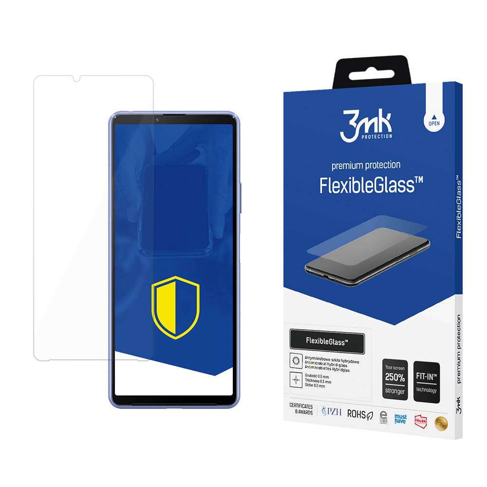 Un telefono con protezione schermo, una scatola con testo FlexibleGlass e una protezione schermo sono esposti.