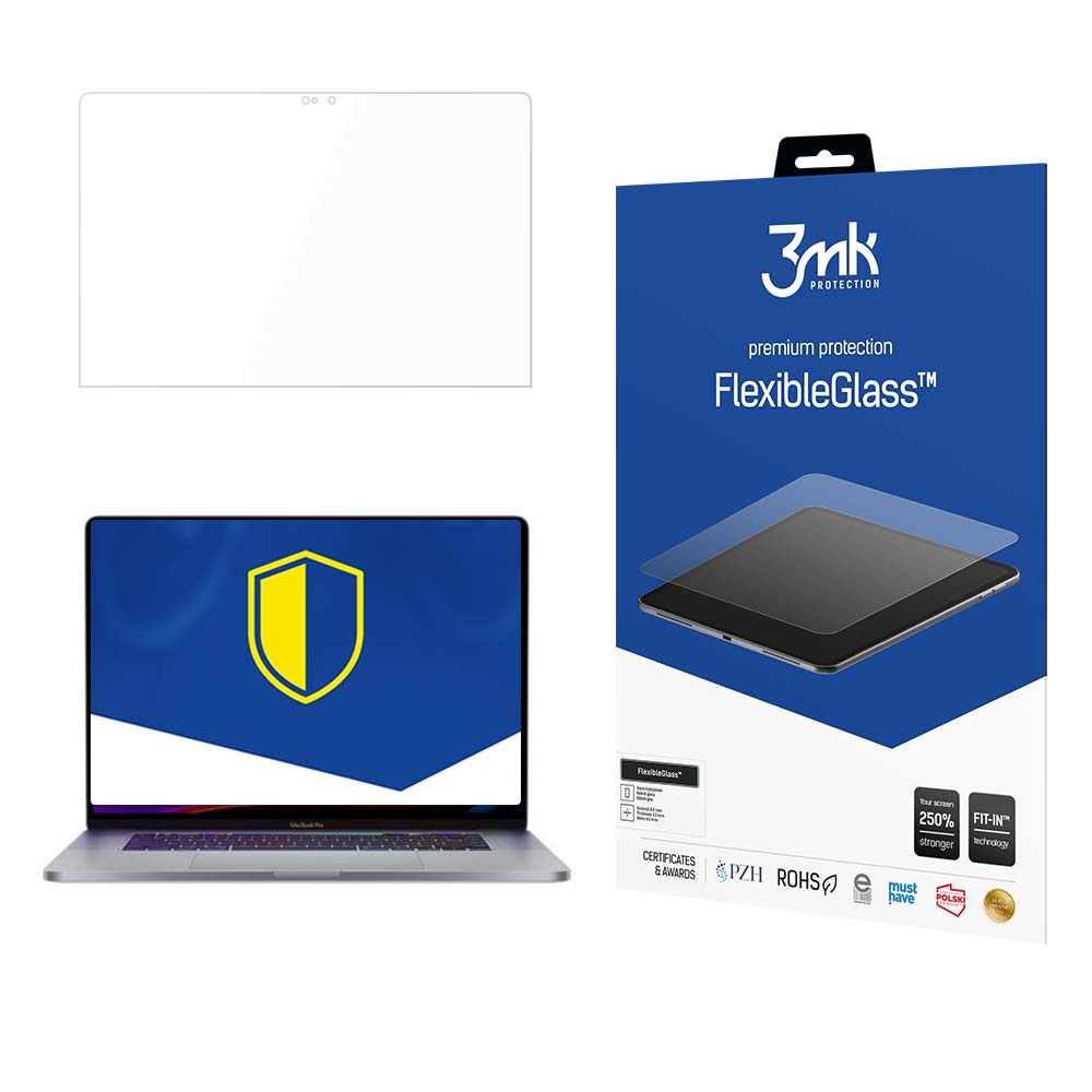 L'immagine mostra un laptop, una protezione per lo schermo e una scatola. La scatola pubblicizza la protezione schermo FlexibleGlass.