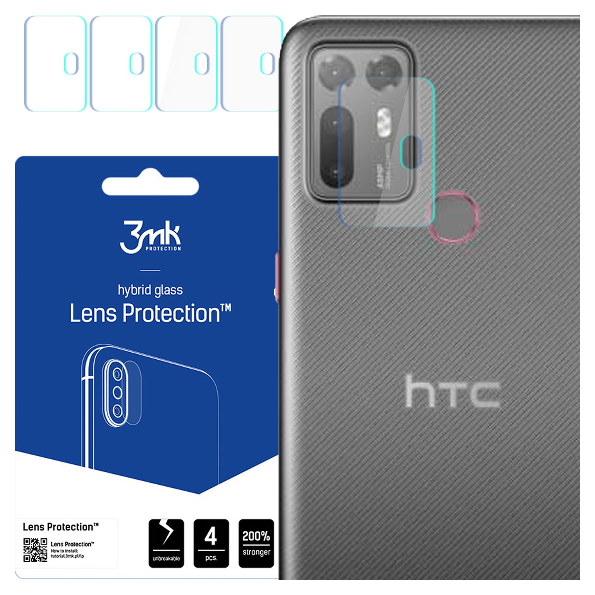 L'immagine mostra un telefono e una protezione per lo schermo. La protezione è per l'obiettivo della fotocamera. Il telefono ha un logo HTC.
