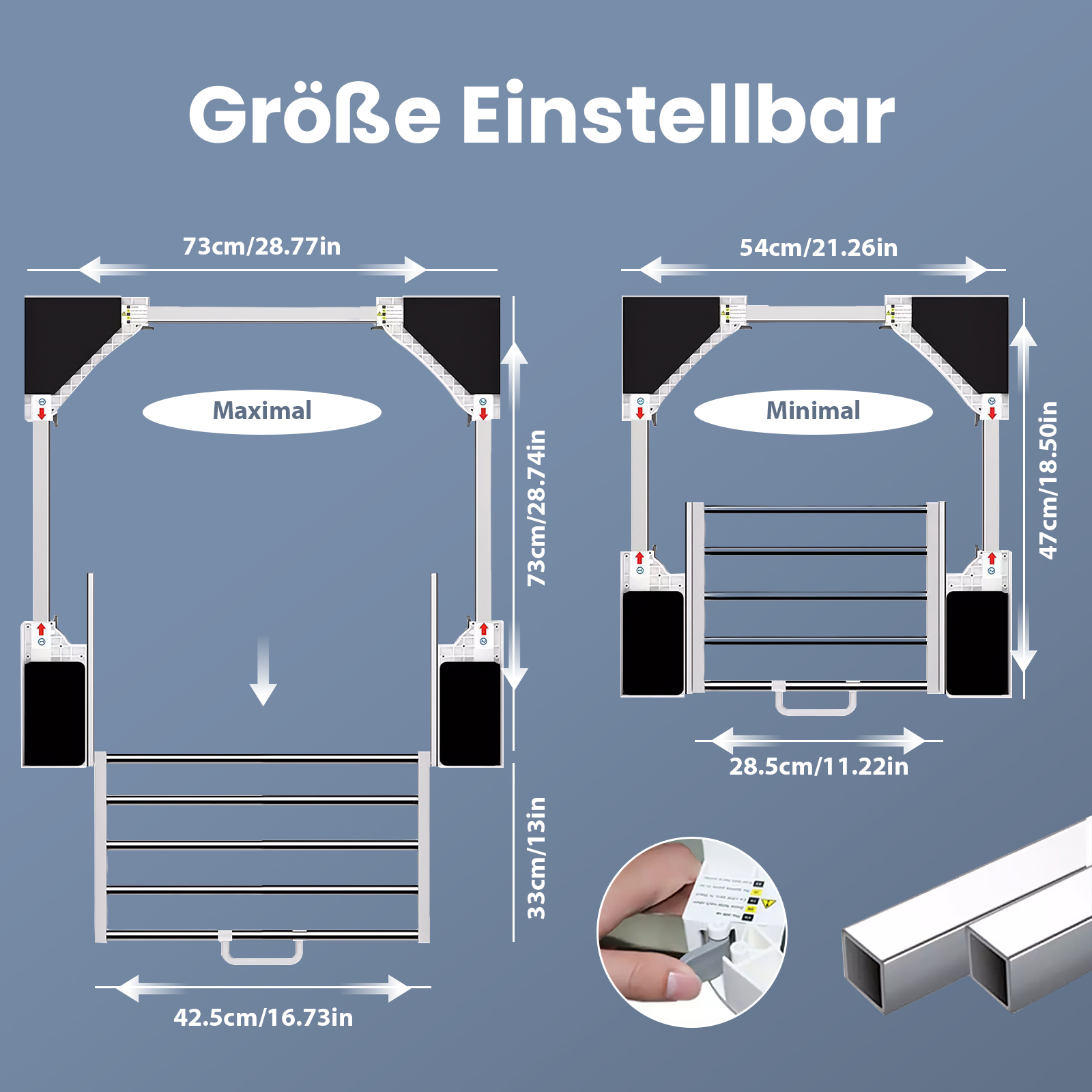 Diagramm mit einstellbaren Gerätebasisabmessungen, mit Messungen und den Bezeichnungen 'Maximal' und 'Minimal'.