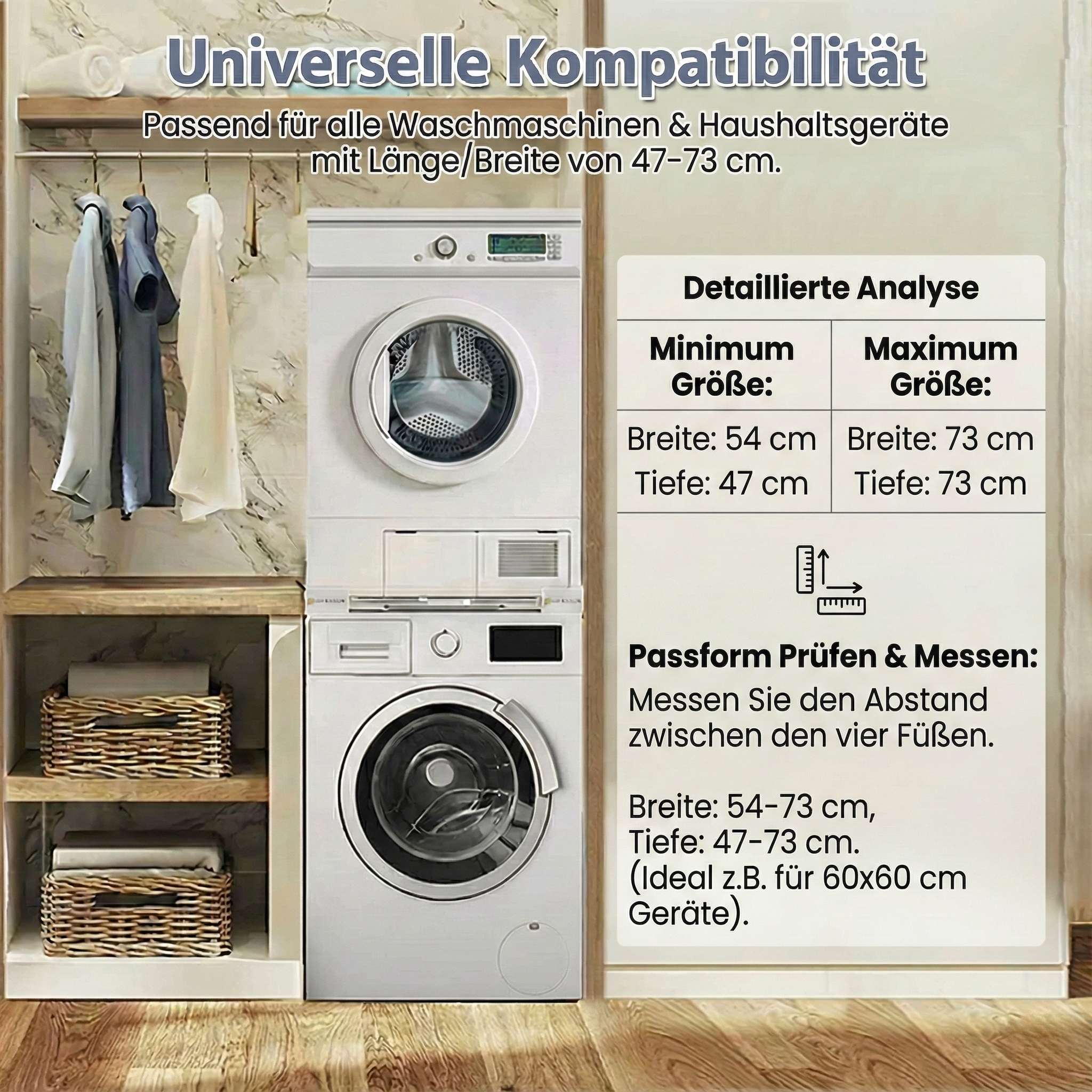 Eine Waschmaschine und ein Trockner sind gestapelt. Das Bild zeigt eine Kompatibilitätsanleitung mit Geräteabmessungen.