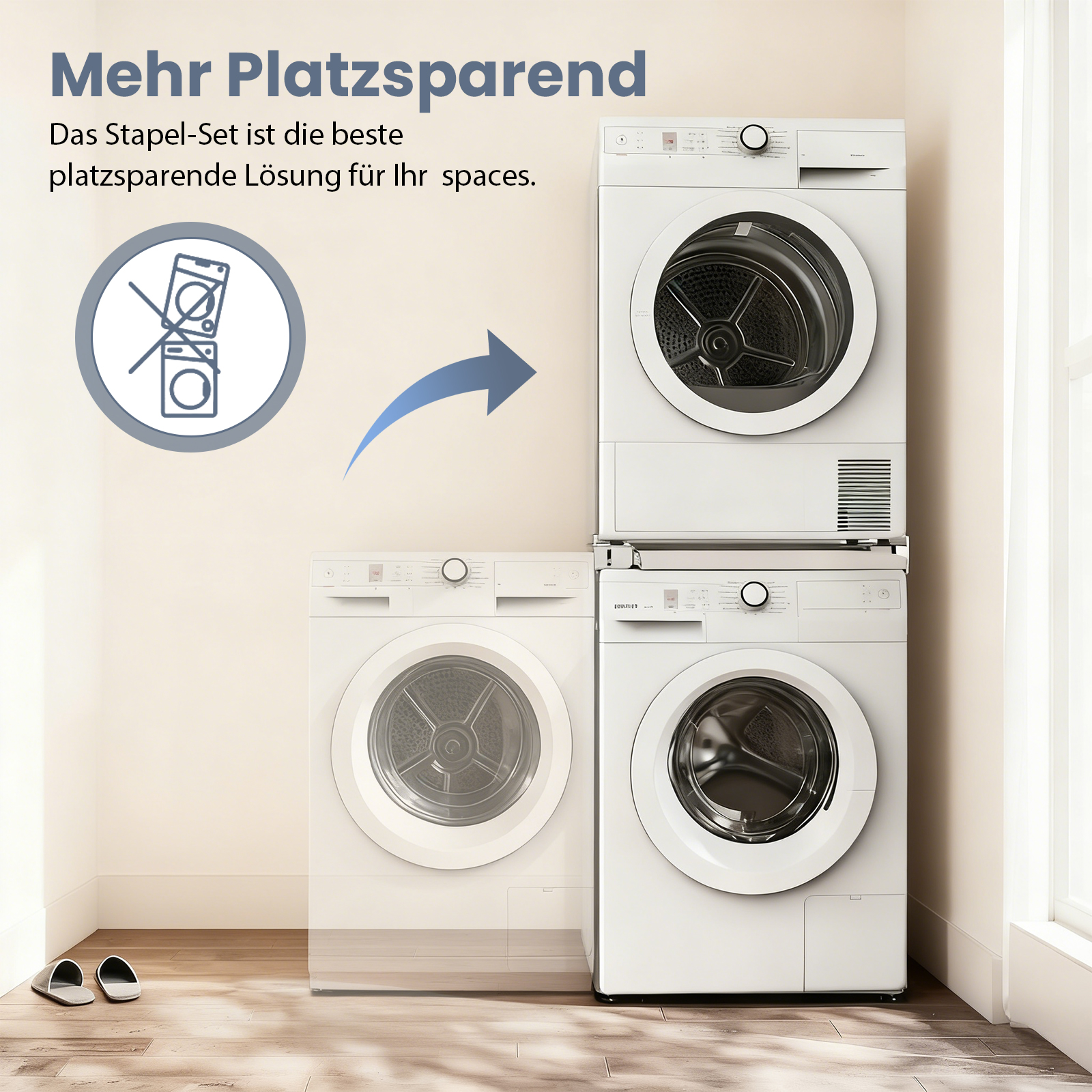 Stapelbare weiße Waschmaschinen und Trockner.  Links ein Nicht-Stapeln-Zeichen.  Schuhe im Vordergrund.