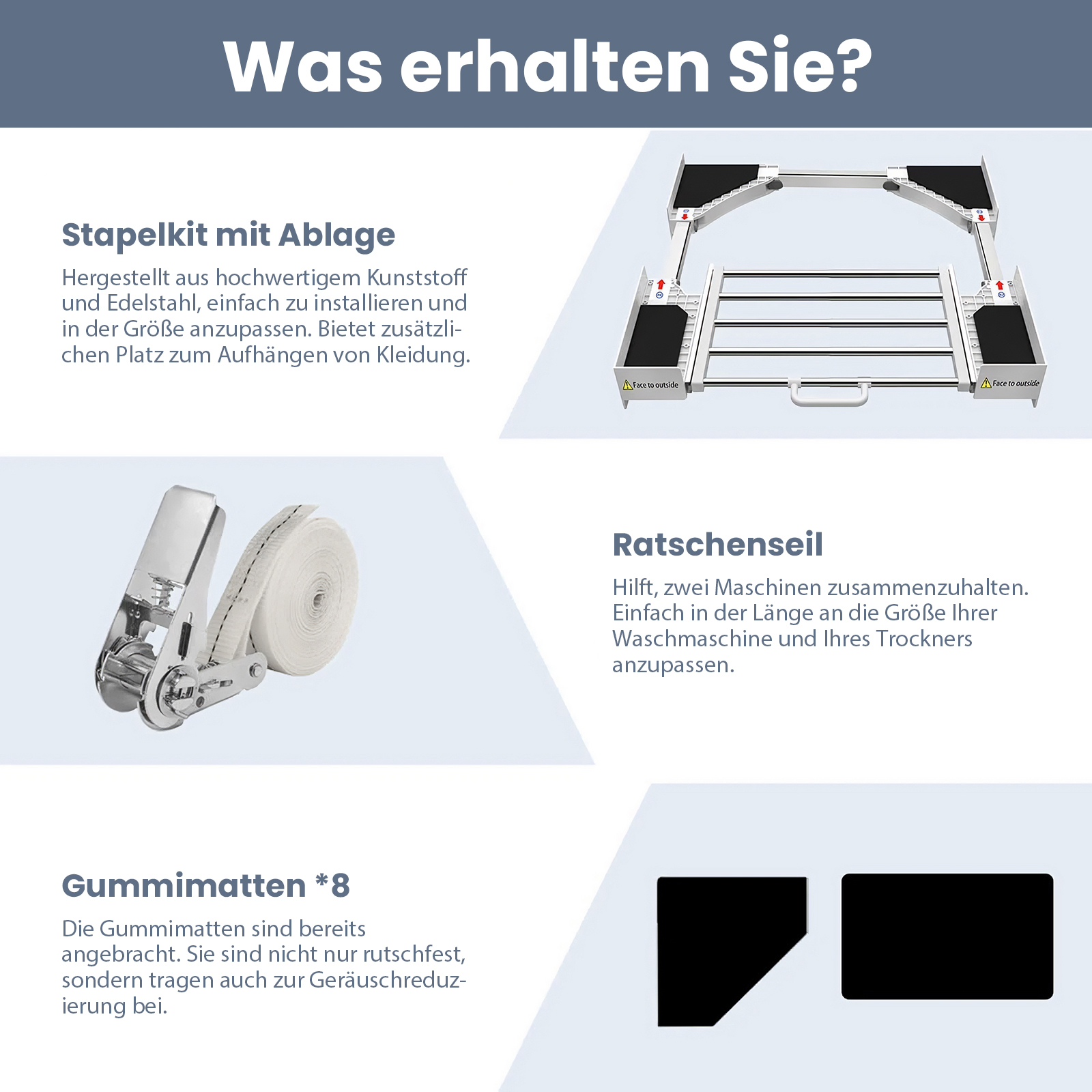 Das Bild zeigt ein Produktset. Es enthält ein Stapelkit, eine Ratschenschnur und Gummimatten.