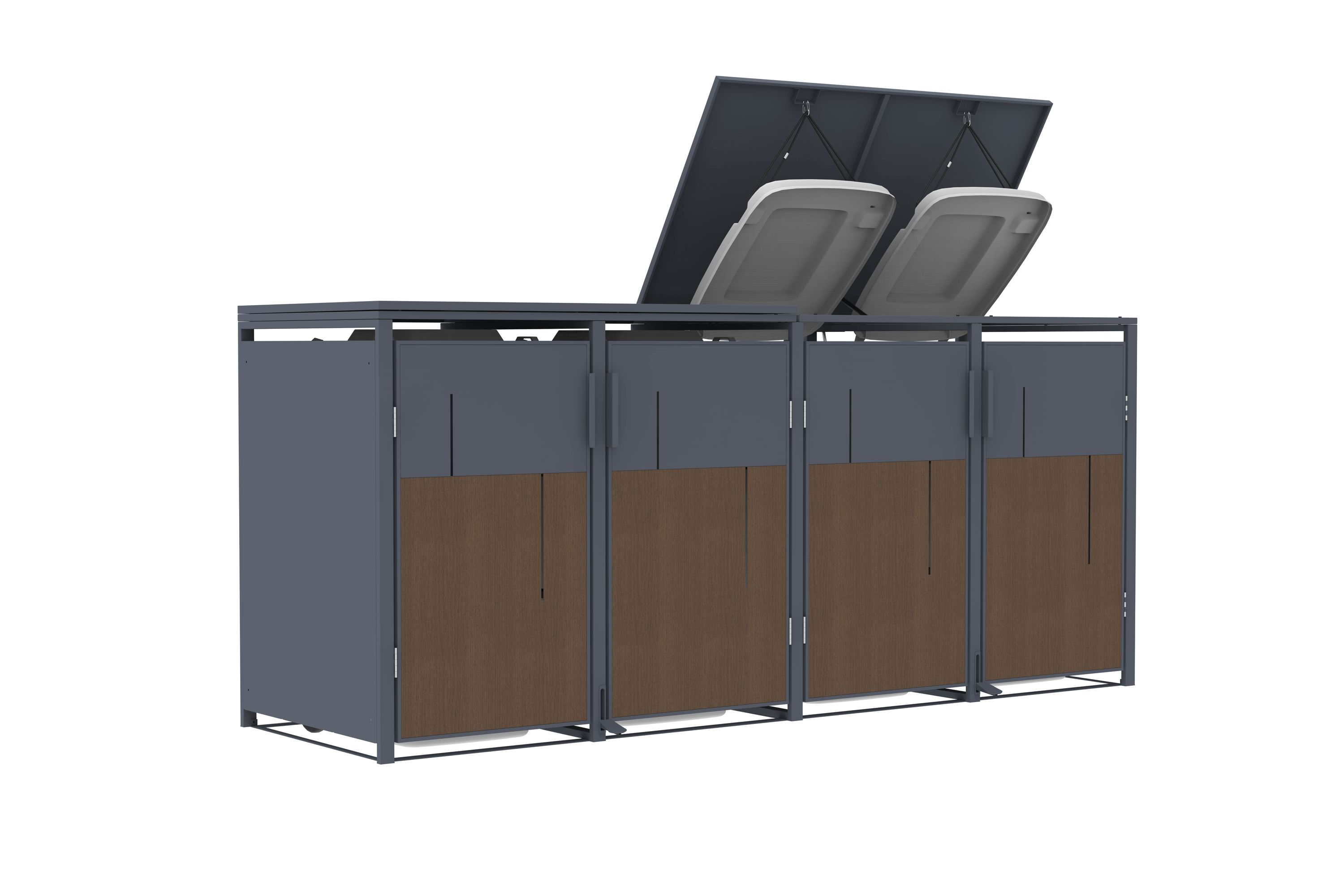 Ein grauer Metall-Müllcontainer mit braunen Holztüren. Der Deckel ist geöffnet und zeigt zwei weiße Behälter.