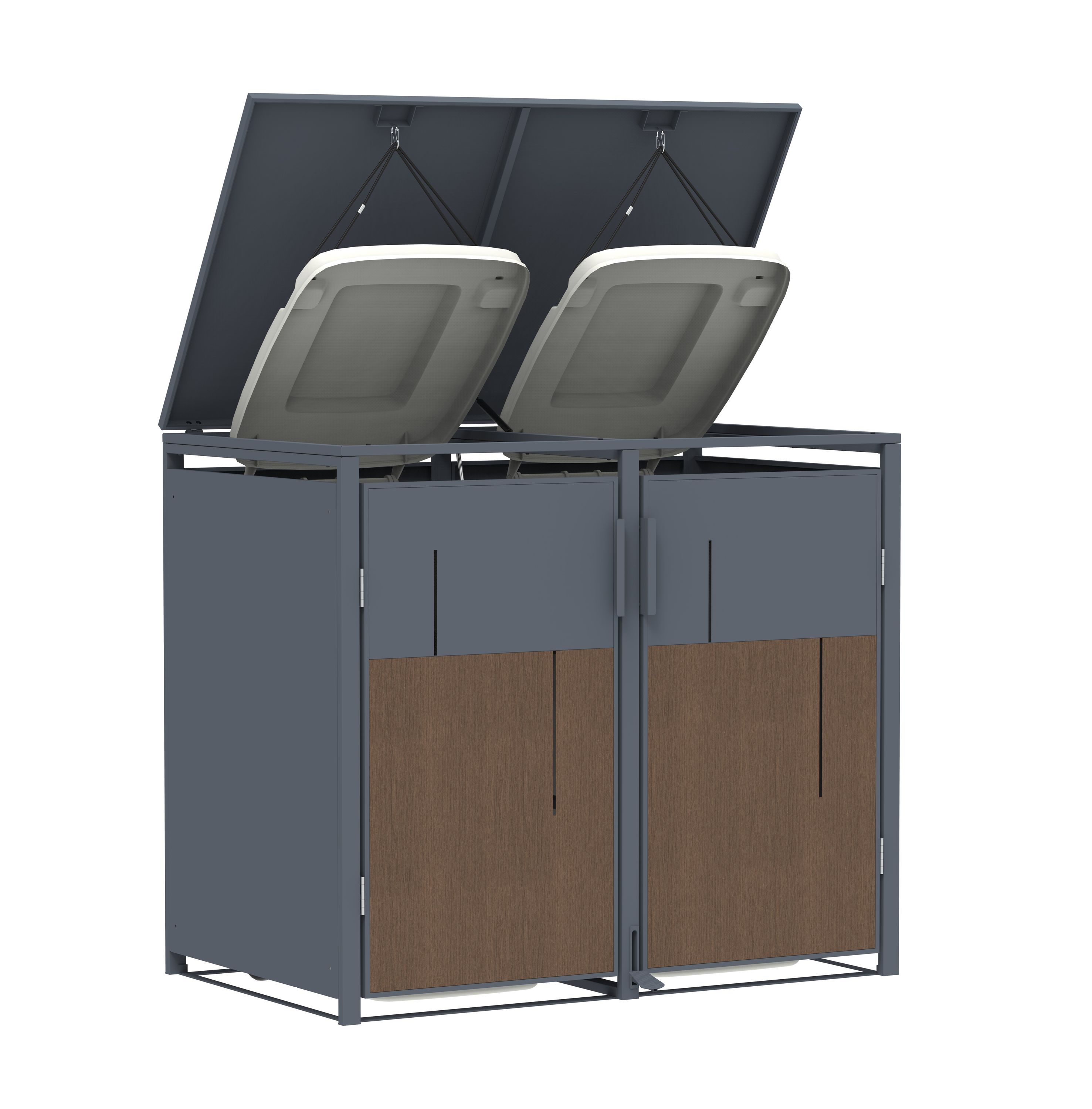 Graue Metallmülltonne mit zwei Fächern und Türen in Holzoptik. Deckel sind geöffnet, weiße Innenräume sichtbar.