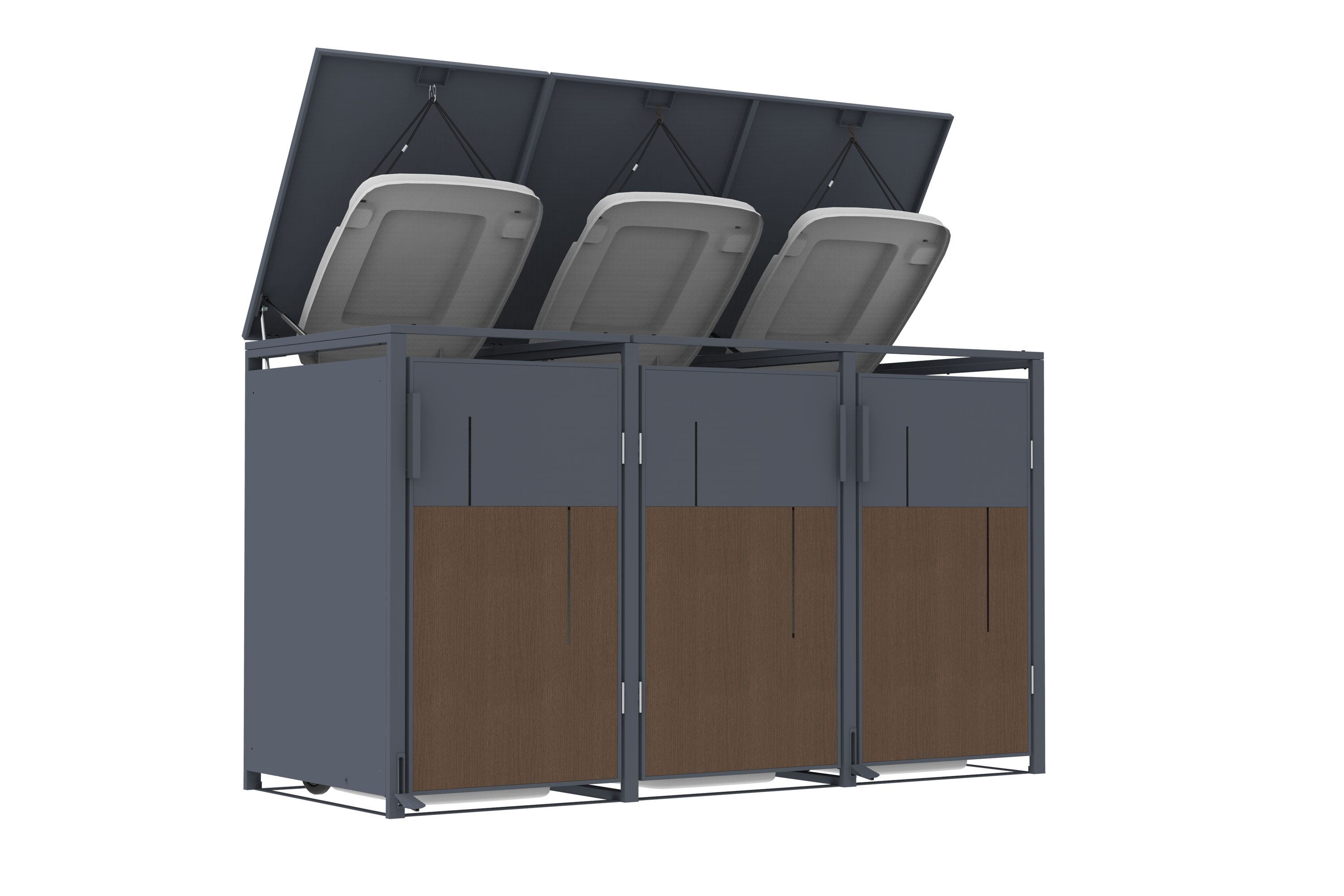 Ein dreifacher Recyclingbehälter ist grau und braun. Die Deckel sind geöffnet. Der Hintergrund ist weiß.