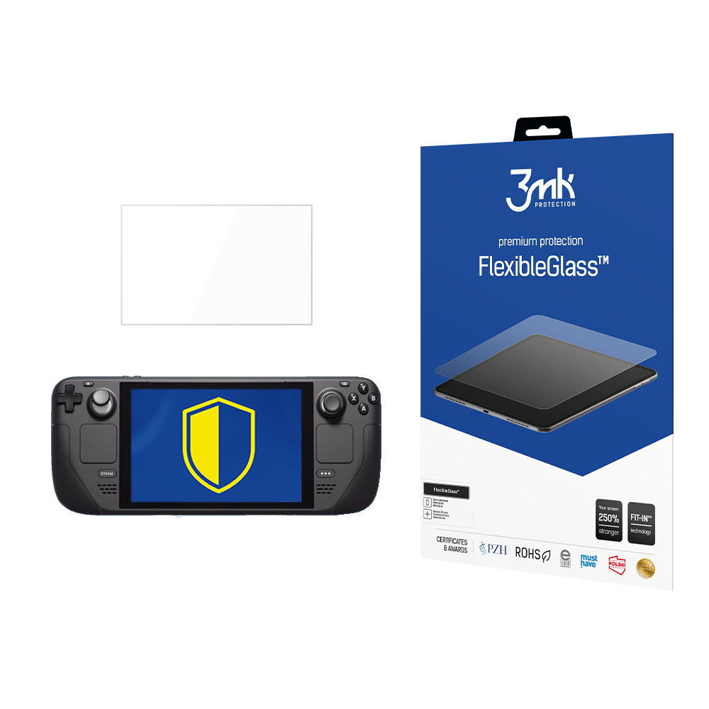 Obraz przedstawia Steam Deck, ochraniacz ekranu i pudełko ochrony ekranu FlexibleGlass.