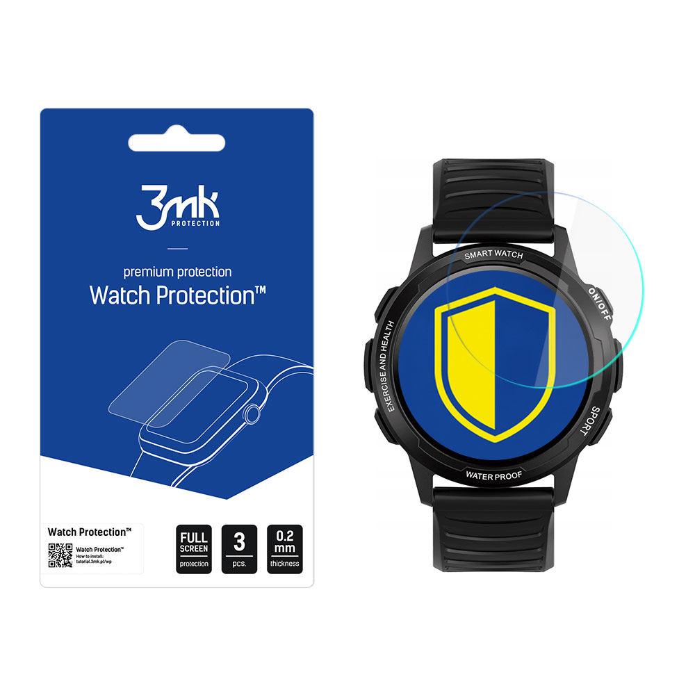 Uno smartwatch con protezione schermo e confezione. L'orologio ha uno scudo blu e giallo sullo schermo.