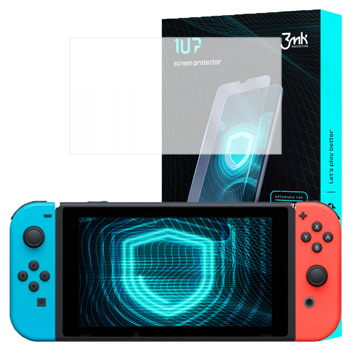Una Nintendo Switch con scatola proteggi schermo. La console ha controller blu e rossi. Lo schermo mostra uno scudo luminoso.