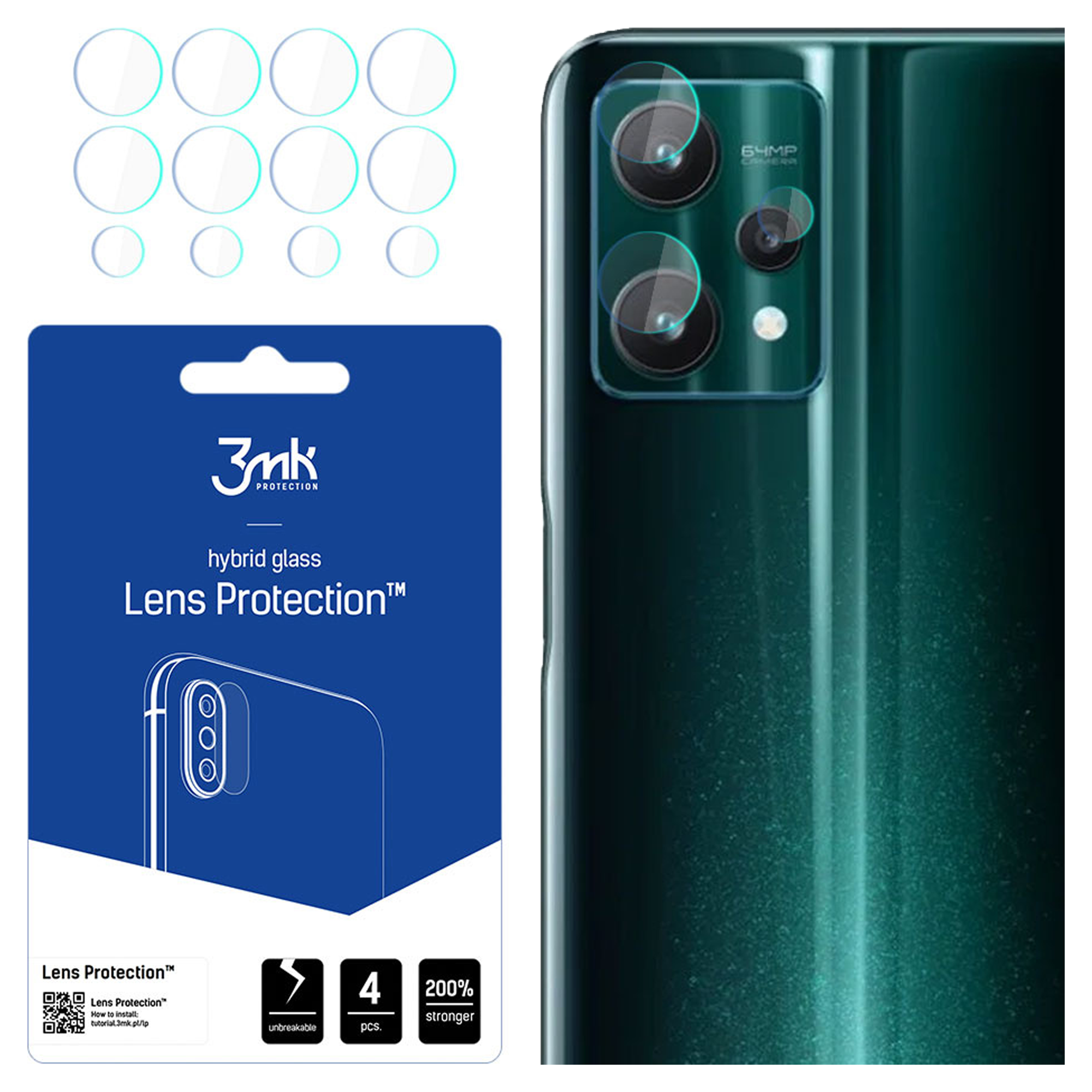 Un kit di protezione per lenti del telefono con più cerchi. Viene mostrato anche un telefono con obiettivo della fotocamera. La confezione è blu.