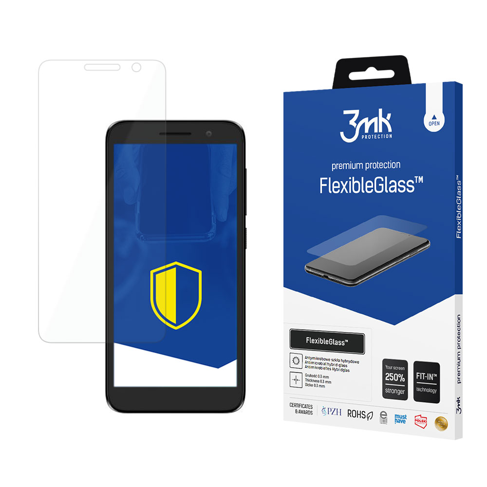 Un telefono con protezione schermo e una scatola di protezioni schermo FlexibleGlass. Il telefono mostra un'icona a scudo gialla.