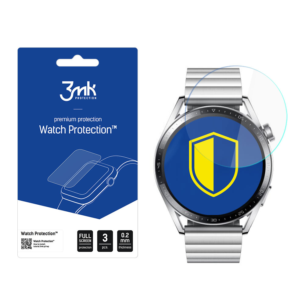 Uno smartwatch con protezione schermo e confezione. La confezione è blu e presenta il logo del marchio e il nome del prodotto.