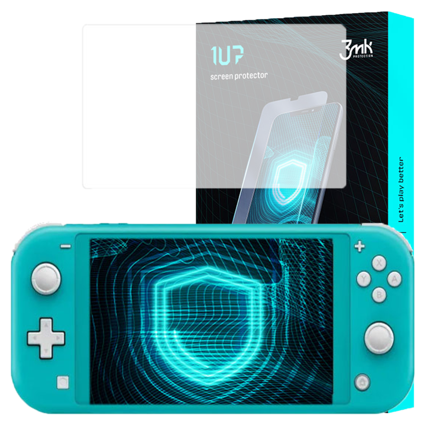 Console di gioco turchese con confezione di protezione schermo. Lo schermo mostra un design a scudo blu luminoso.
