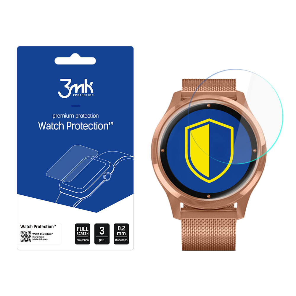 Un orologio e una protezione schermo. L'orologio è oro rosa con un cinturino a rete. La confezione protettiva è blu.