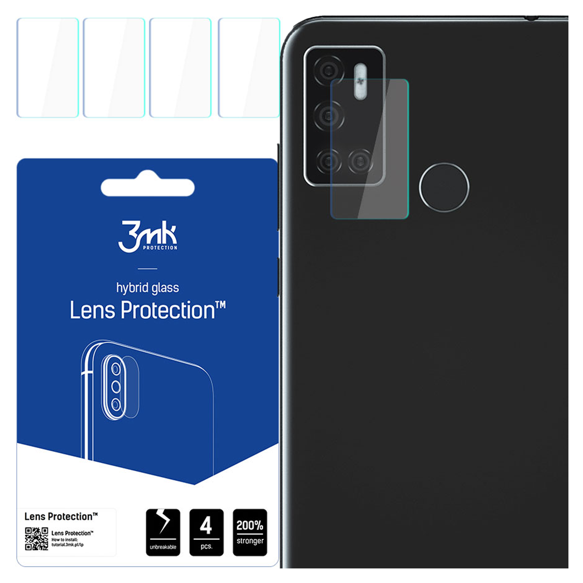 Un telefono e protezioni per lenti. La confezione mostra il nome del prodotto. Il telefono ha un rigonfiamento della fotocamera.
