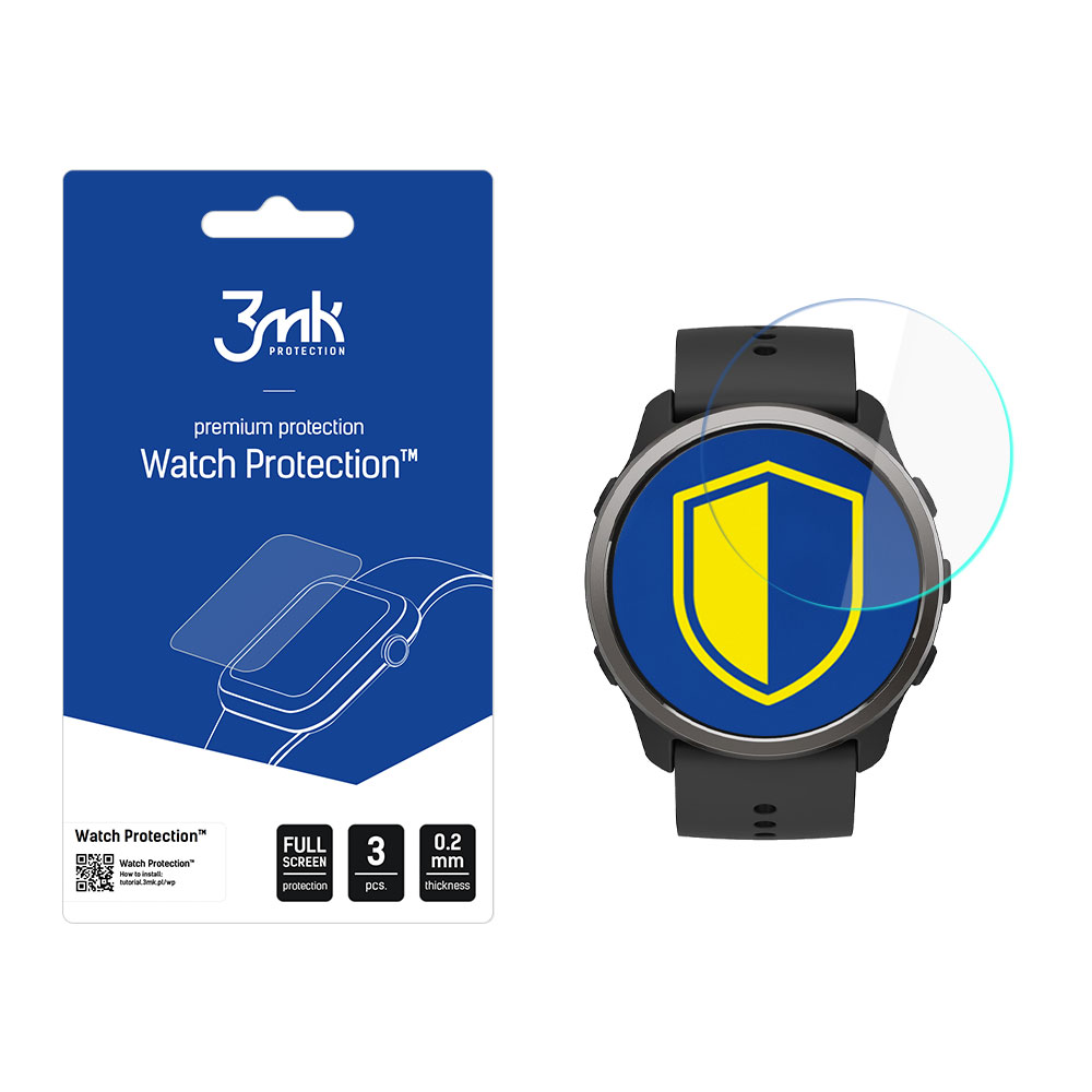Un orologio e una protezione per lo schermo. La confezione del proteggi schermo ha testo e illustrazione dell'orologio. L'orologio è nero con uno scudo blu e giallo.