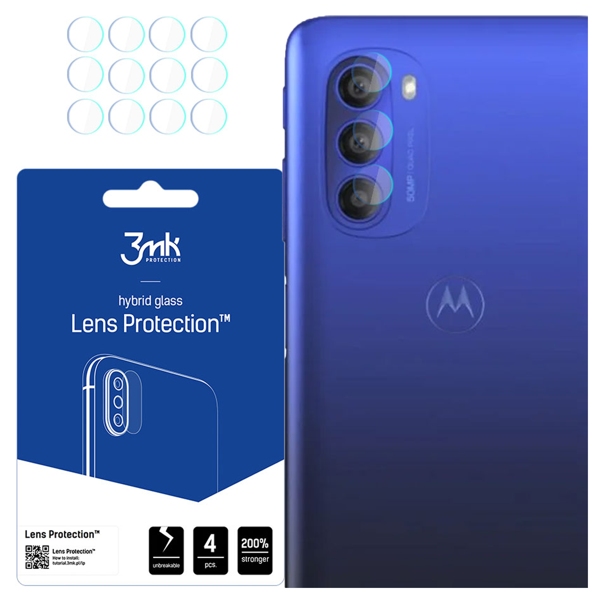 L'immagine mostra un telefono blu, protezioni per lenti e confezione. Il telefono ha fotocamere. La confezione promuove la protezione delle lenti.