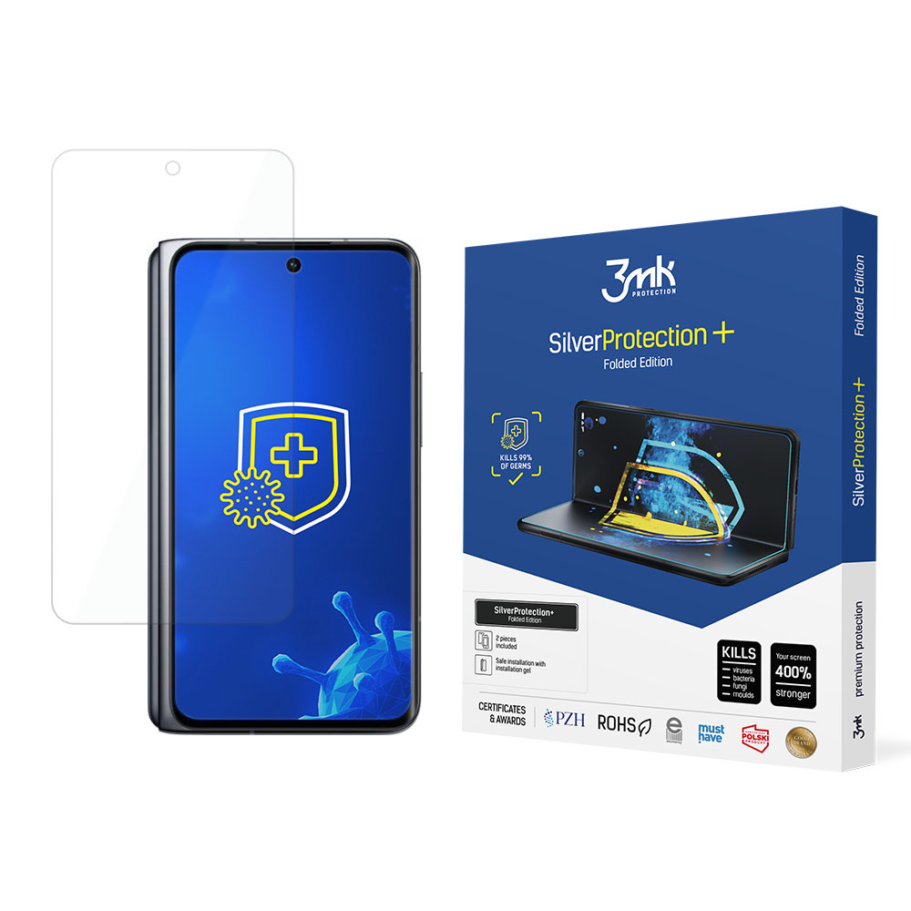 Un telefono e una protezione per lo schermo sono accanto a una scatola con l'etichetta SilverProtection+. Lo schermo del telefono mostra un logo a scudo con un segno più.