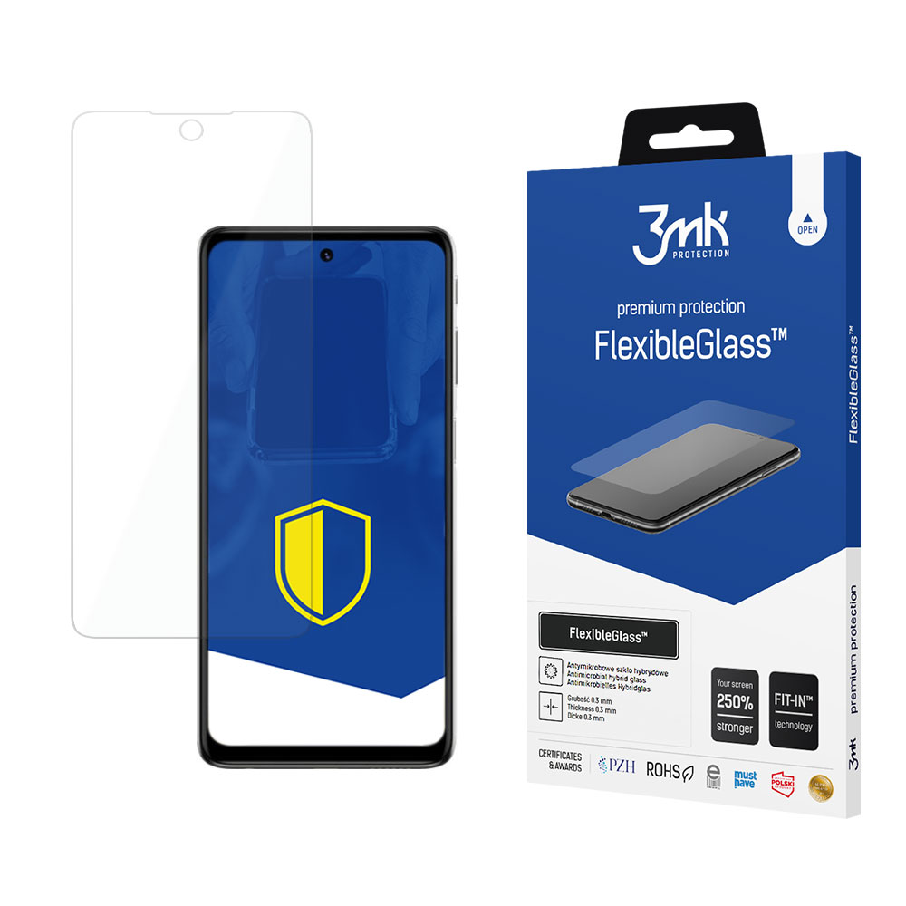 Un proteggi schermo, un telefono e una scatola del prodotto sono esposti. Sulla scatola c'è scritto 'FlexibleGlass' e '3mk Protection'.