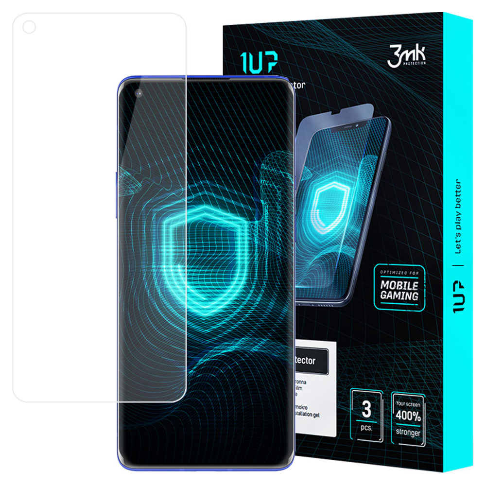 Un protector de pantalla y una caja. La caja tiene una imagen de teléfono y texto 'Optimizado para juegos móviles'. El protector es claro.