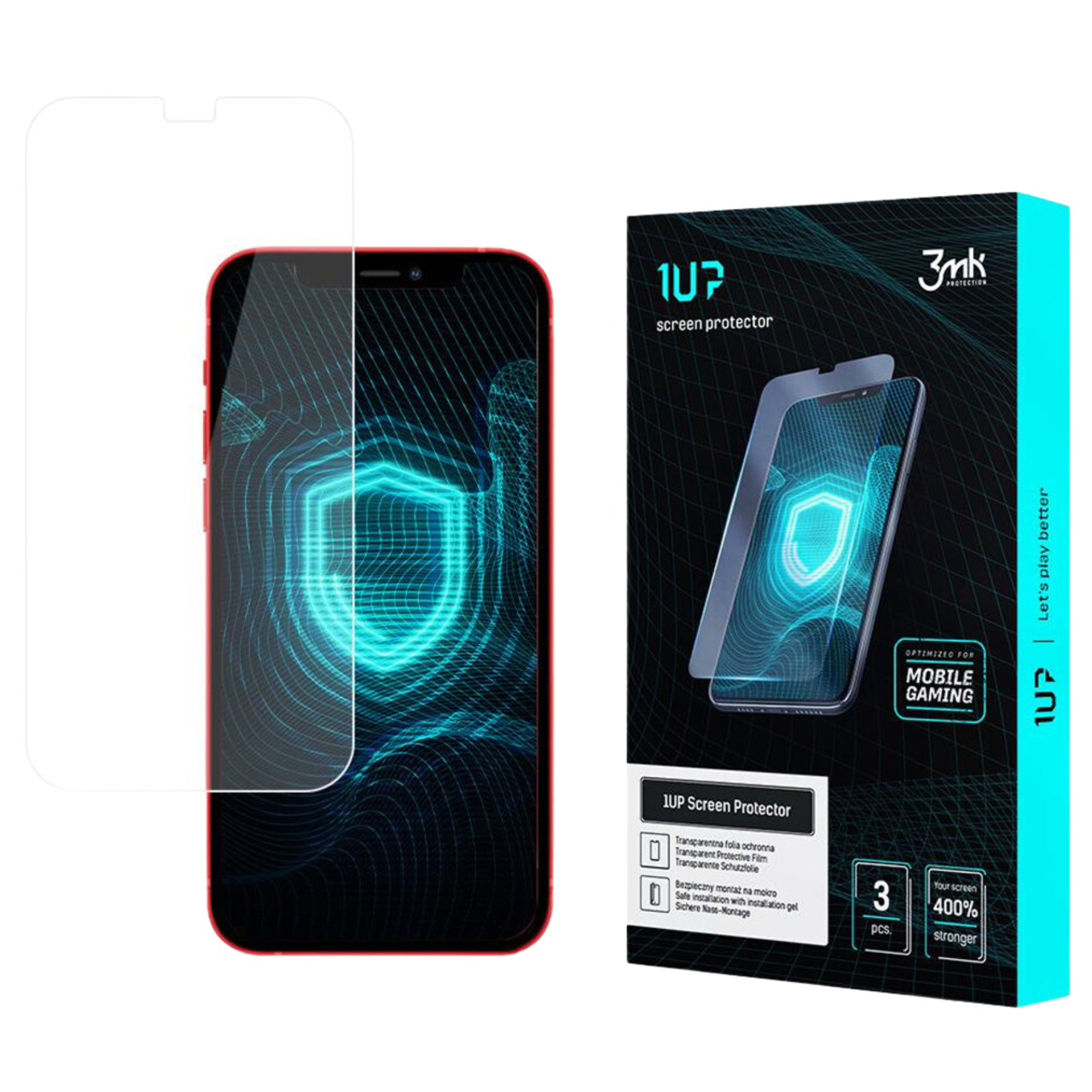 Un telefono con una protezione schermo accanto alla scatola della protezione. La scatola pubblicizza il prodotto, protezione schermo e gaming.