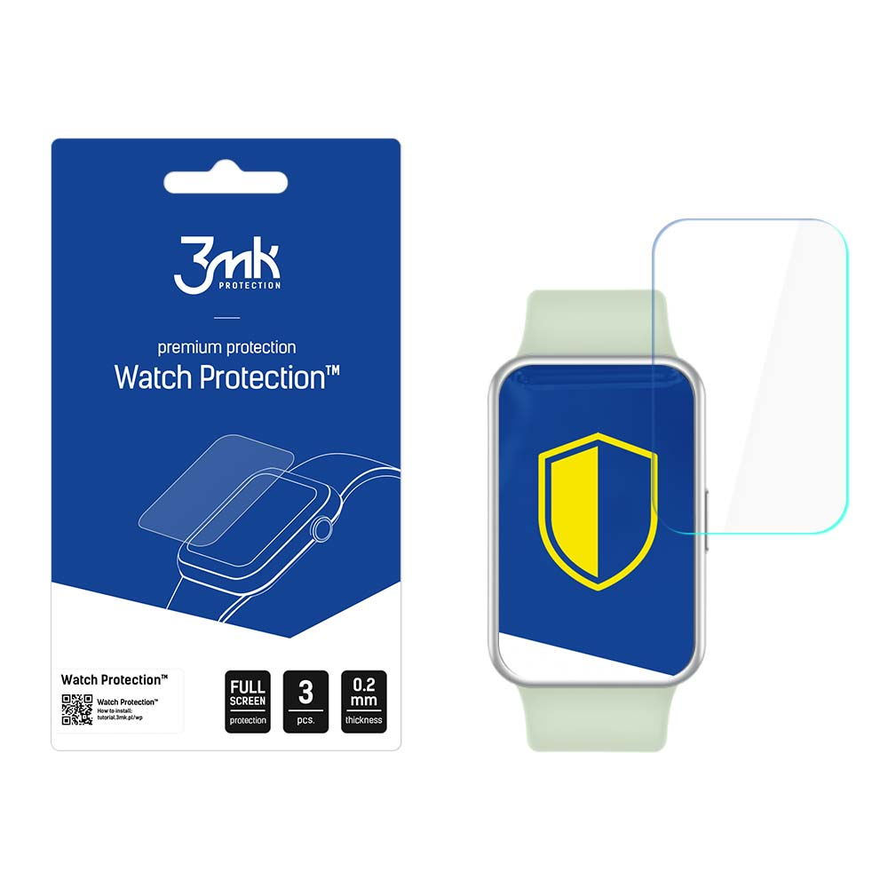 Un kit di protezione per orologi. La confezione mostra un orologio, una protezione per lo schermo e del testo. L'orologio ha uno schermo blu con uno scudo giallo.
