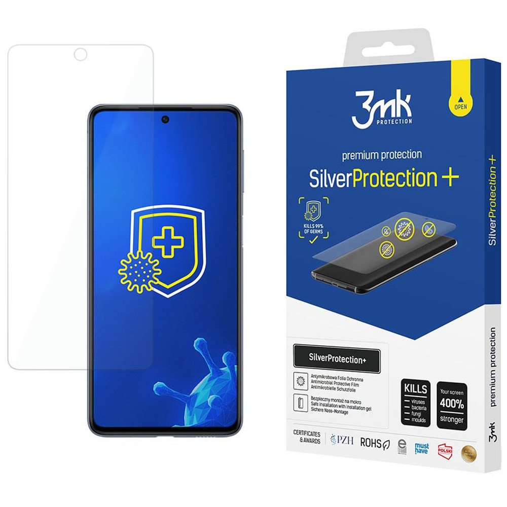 Una scatola di protezione dello schermo del telefono e uno schermo del telefono. La scatola dice SilverProtection+ e uccide il 99% dei germi.
