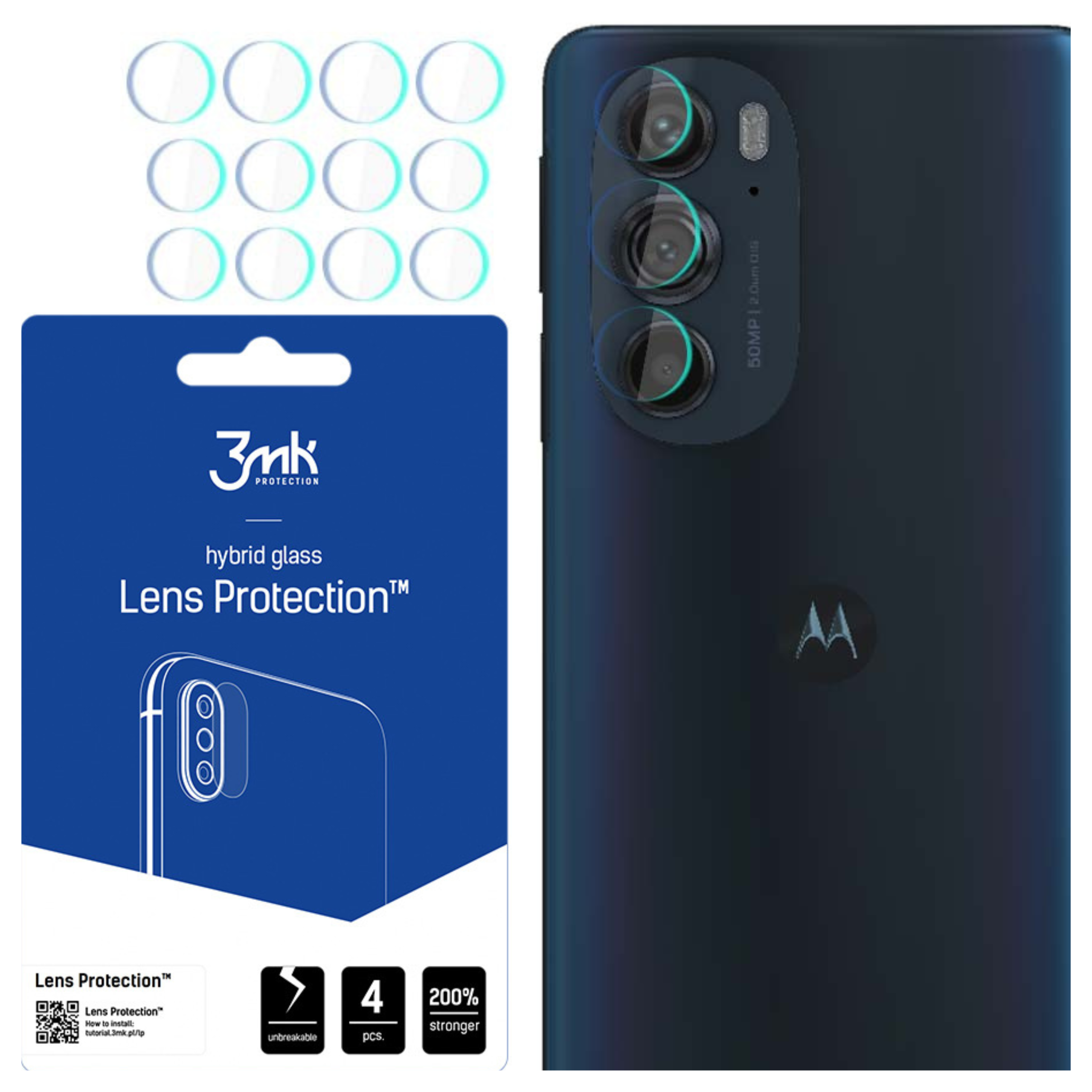 Obraz przedstawia telefon i opakowanie na osłonę ekranu. Ochrona jest przeznaczona do obiektywów aparatu w telefonie.