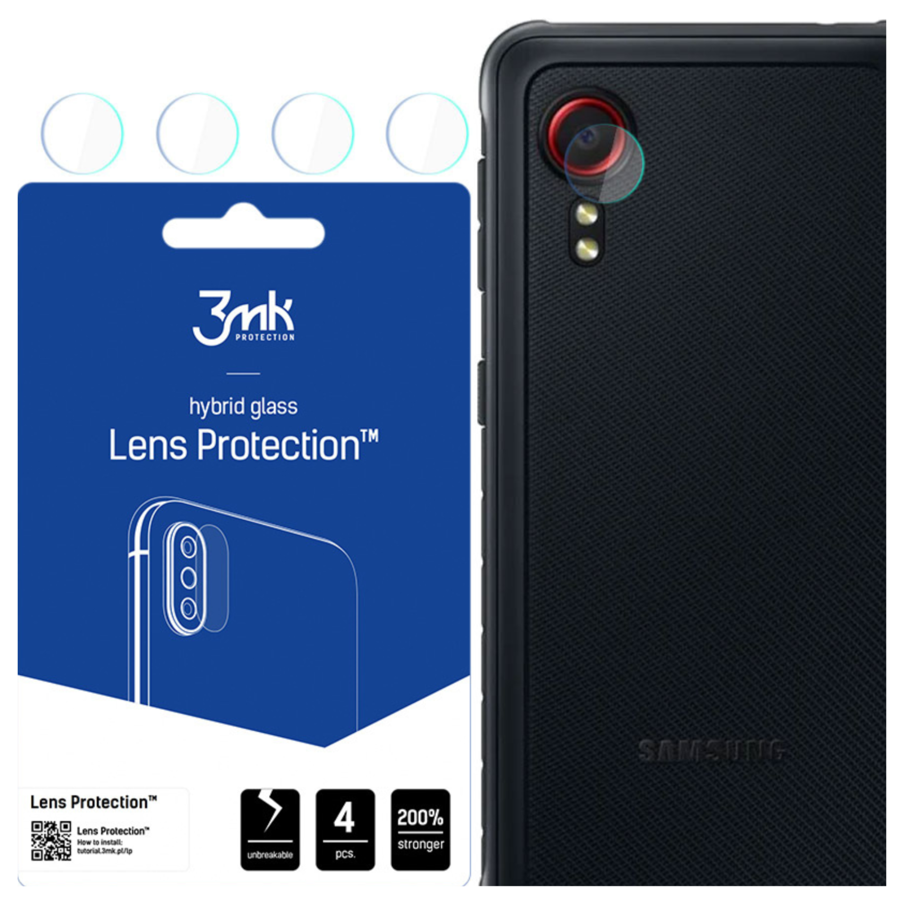 Un proteggi-obiettivo per telefono e un telefono sono mostrati. Il proteggi-obiettivo è sulla fotocamera del telefono e la scatola a sinistra.