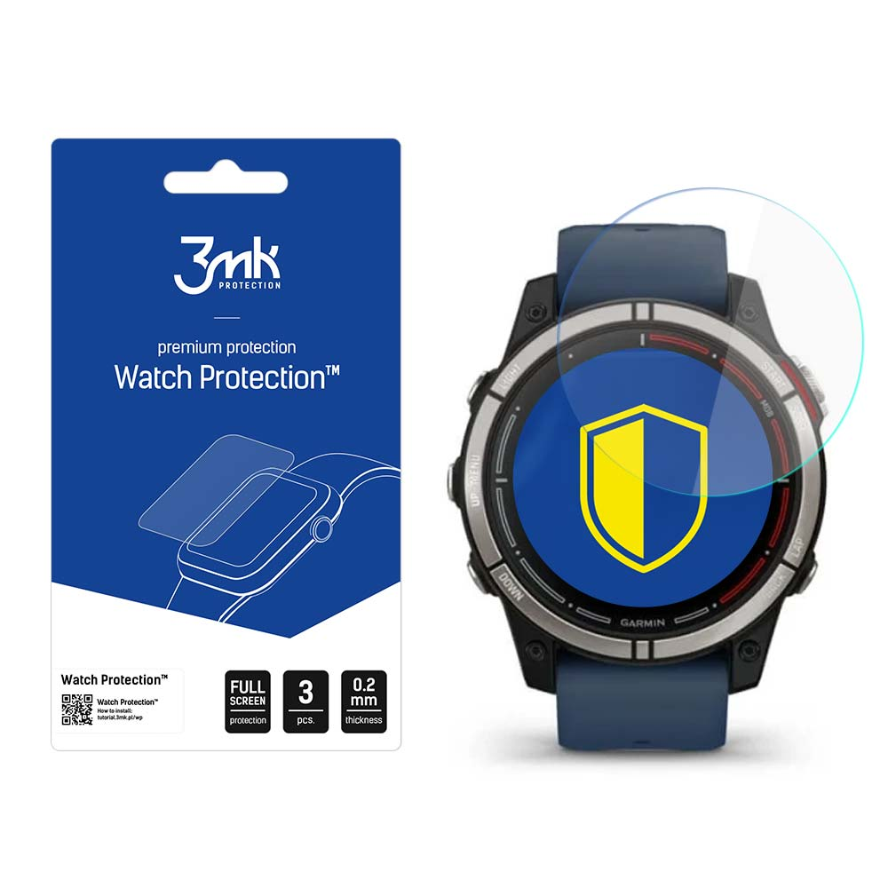 Un orologio con una protezione per lo schermo. La scatola della protezione per lo schermo è a sinistra. L'orologio ha un cinturino blu.