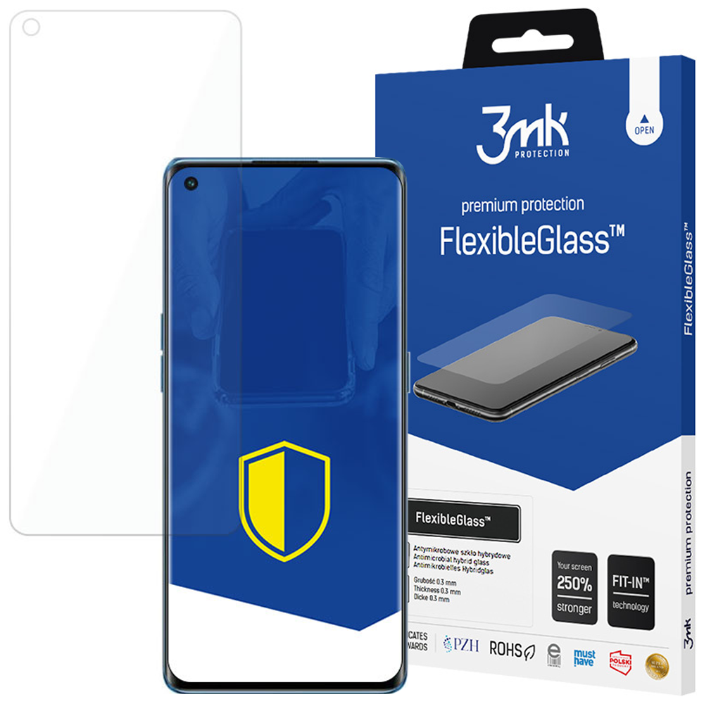 Un telefono con una protezione per lo schermo, una scatola con la stessa protezione. Il testo dice FlexibleGlass, 250% più forte e tecnologia FIT-IN.
