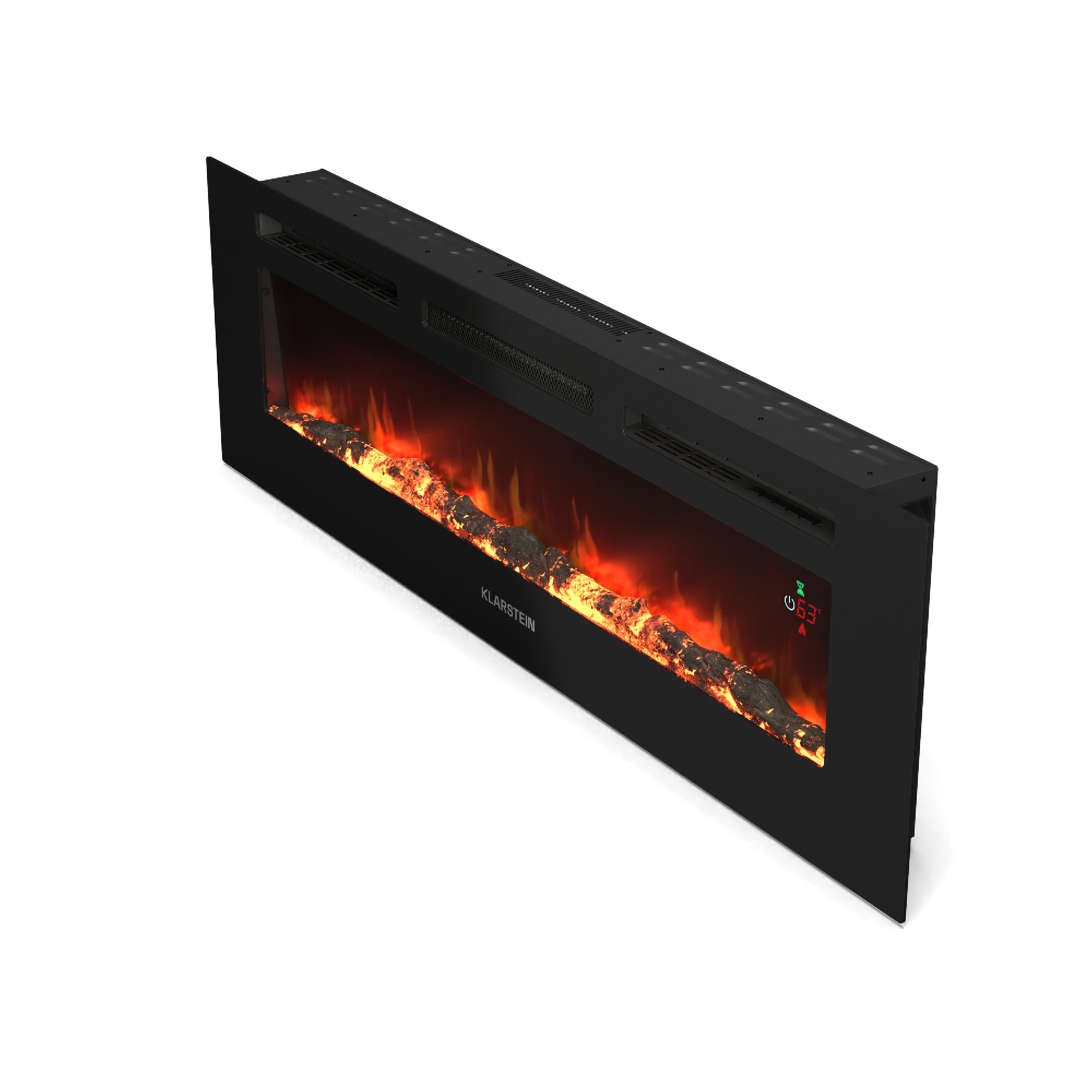 Una chimenea eléctrica negra con efecto de fuego simulado. Tiene una pantalla digital y la marca Klarstein.