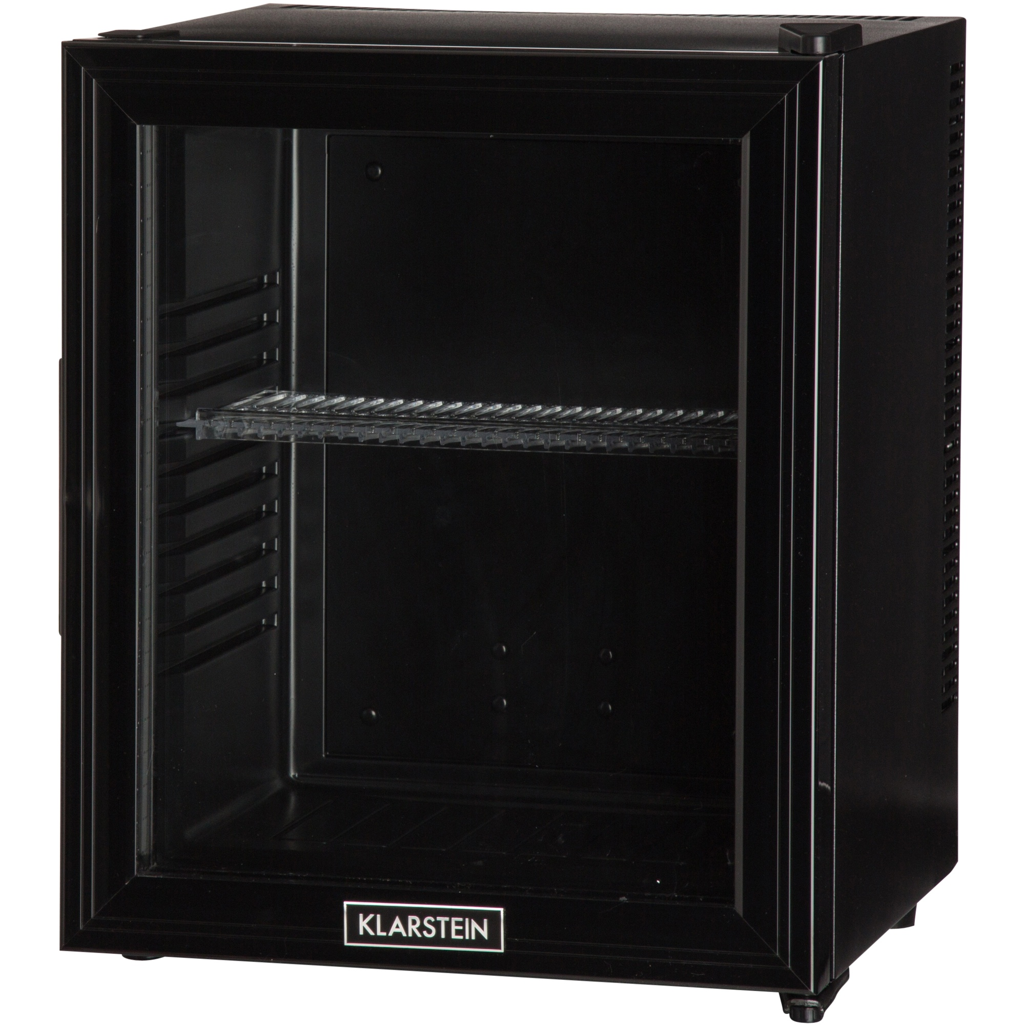 Ein schwarzer Mini-Kühlschrank mit Glastür und einem Regal. Die Marke 'KLARSTEIN' ist sichtbar.