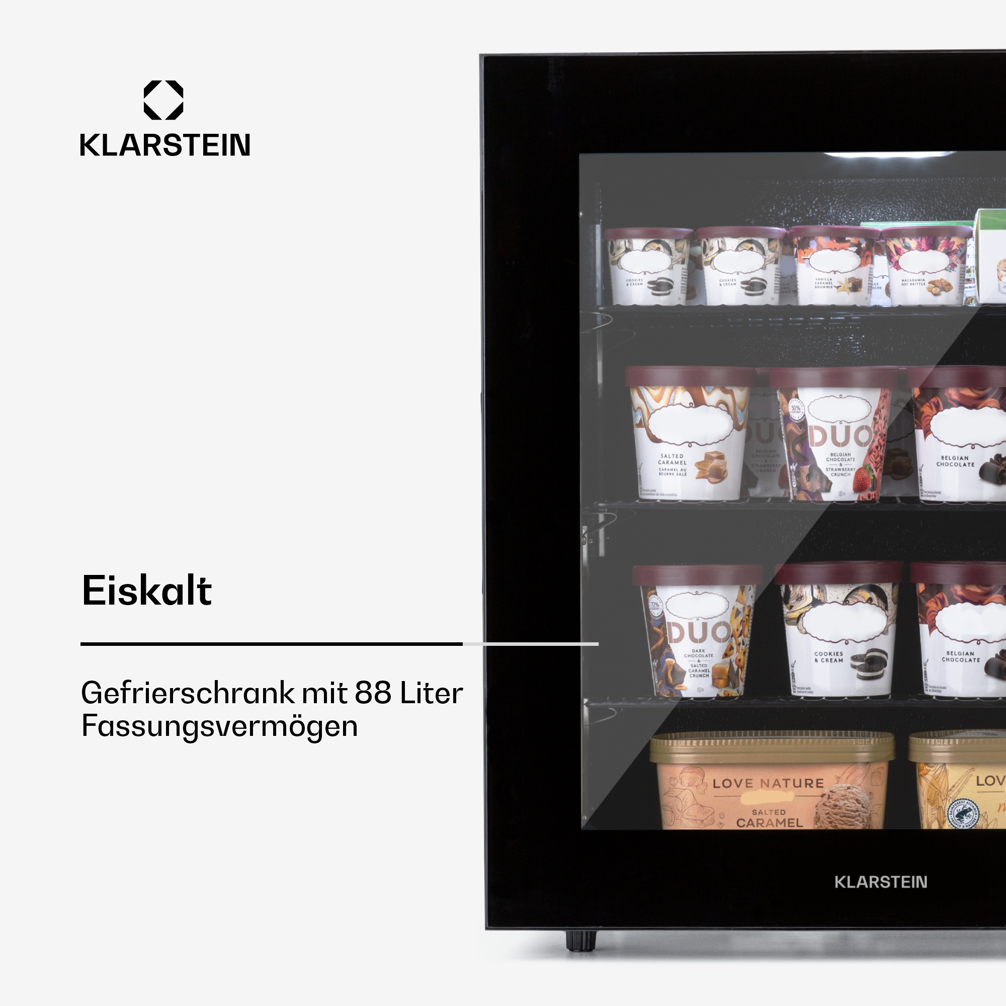 Ein schwarzer Klarstein-Gefrierschrank mit Eiswannen. Verschiedene Geschmacksrichtungen sind sichtbar.