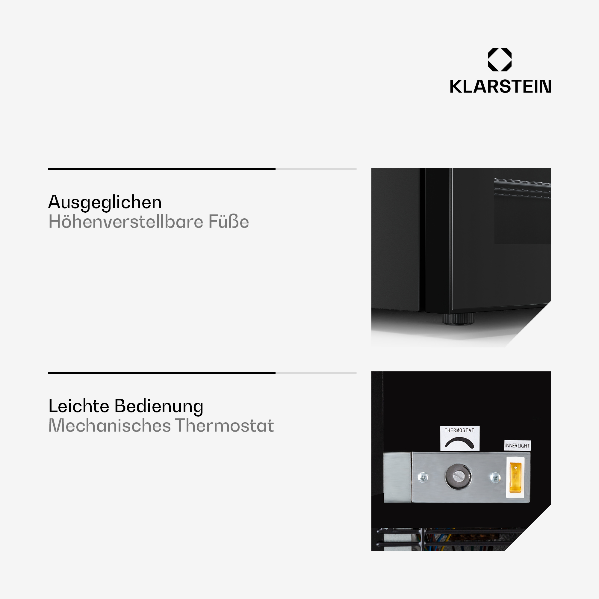Schwarzer Klarstein-Kühler mit verstellbaren Füßen und mechanischer Thermostatsteuerung. Enthält einen Innenschalter.
