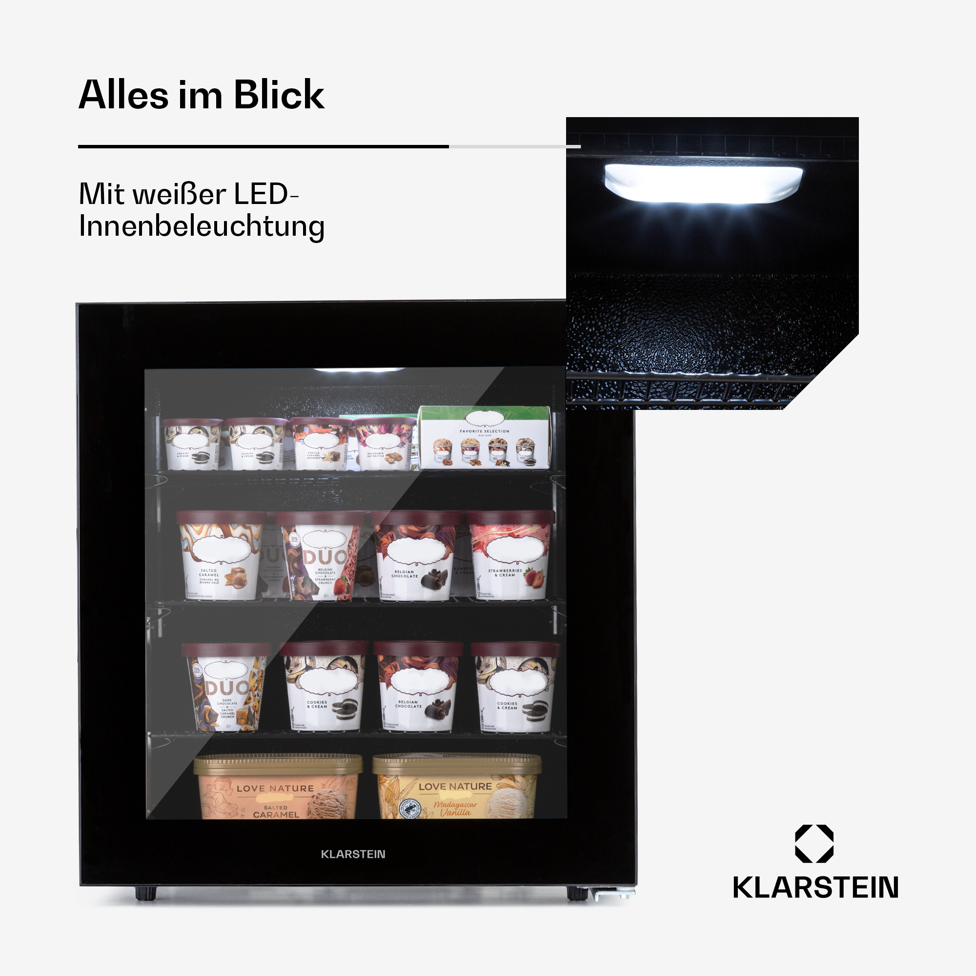 Ein schwarzer Kühlschrank mit Eiswannen. Es hat weiße LED-Beleuchtung. Die Marke ist Klarstein.