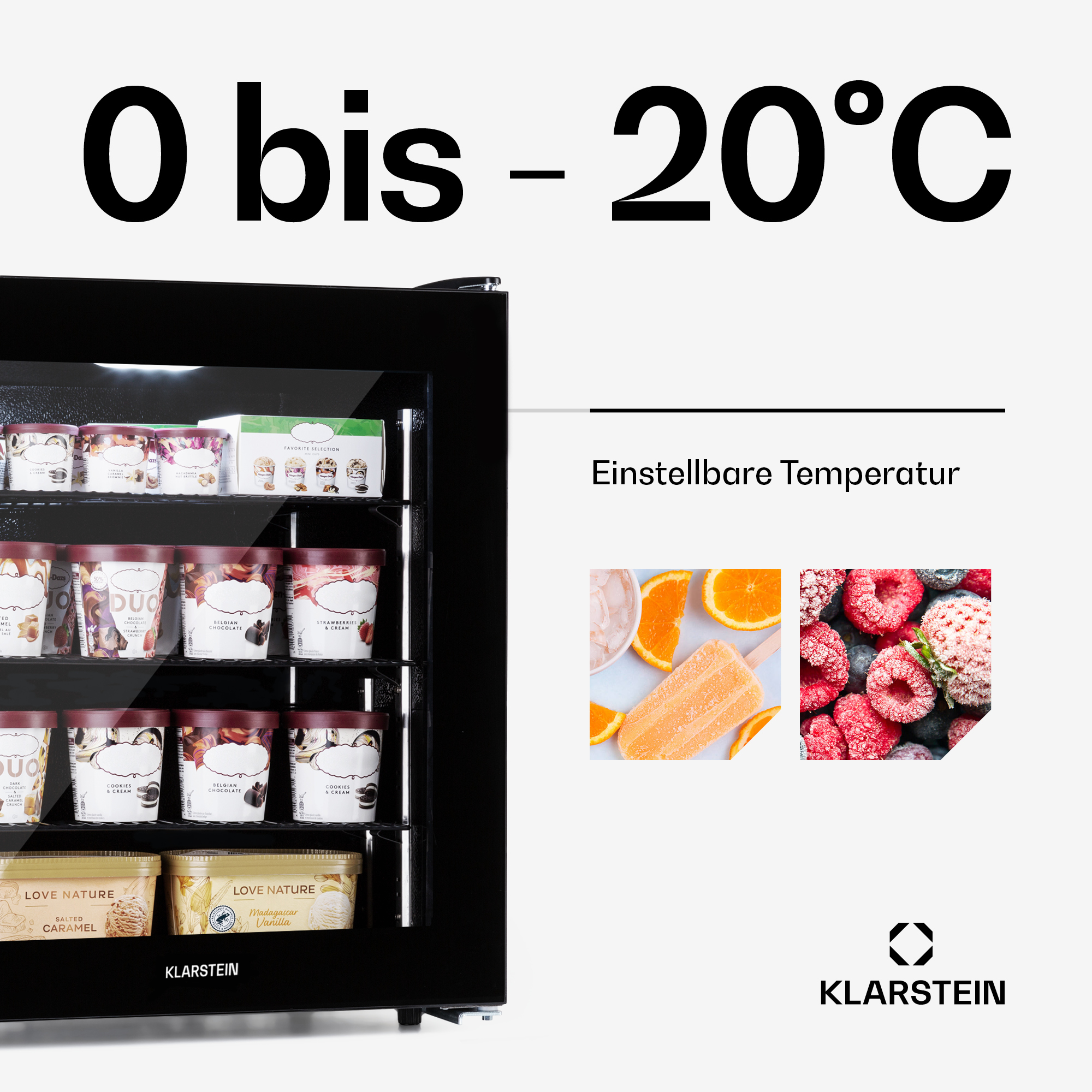 Ein schwarzer Kühlschrank zeigt Eiscreme. Text lautet 0 bis -20°C und Einstellbare Temperatur. Rechts sind Obstbilder.