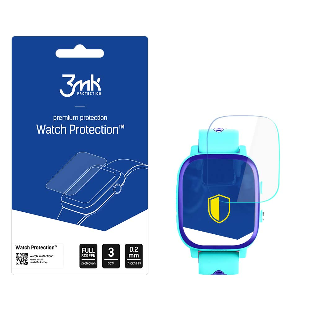 Un prodotto per la protezione dell'orologio con sfondo blu. Uno smartwatch e una protezione per lo schermo sono accanto al prodotto.