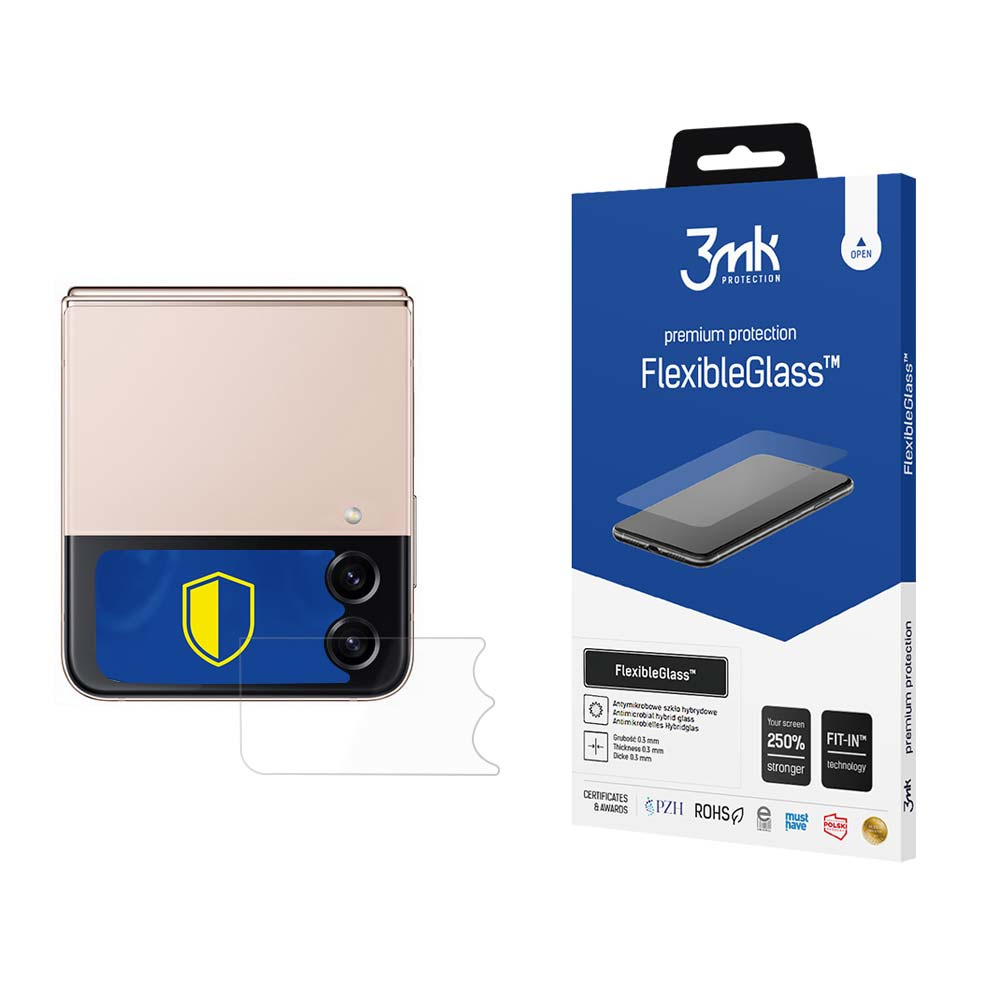 Telefon i niebieskie opakowanie FlexibleGlass na białej powierzchni. Telefon jest złożony. Opakowanie ma tekst i obraz telefonu.