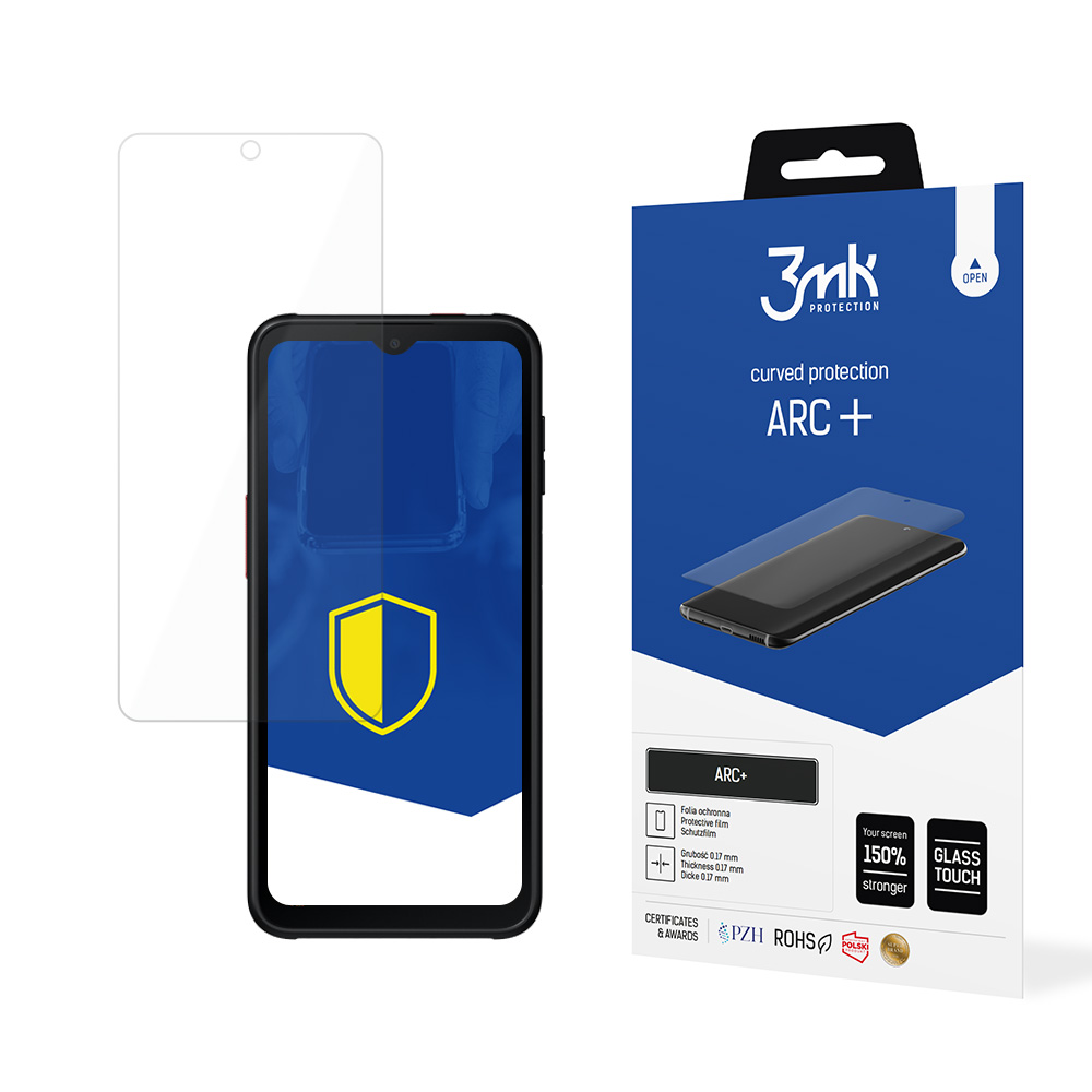 Un telefono con protezione schermo, una scatola con il marchio 3mk. Lo schermo è protetto da una pellicola di vetro. La scatola dice ARC+.