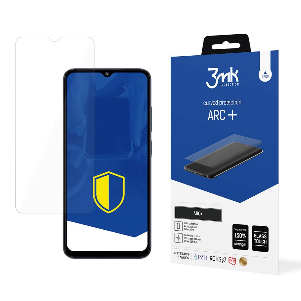 Un proteggi schermo per telefono e una scatola blu con il logo del marchio. La scatola mostra un telefono con un proteggi schermo.