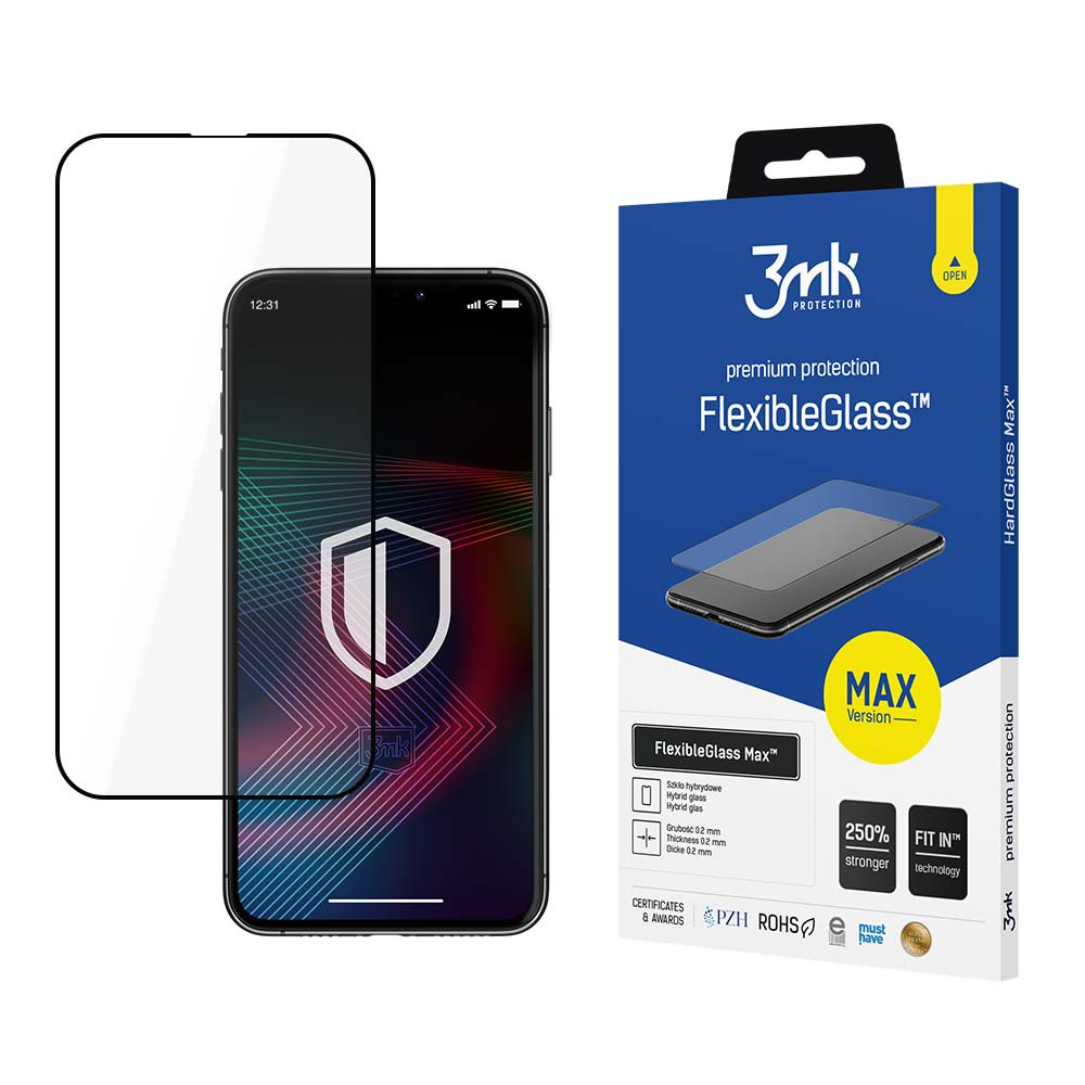 Un telefono con protezione schermo e confezione. La confezione riporta la scritta 'FlexibleGlass Max' e '3mk protection'.