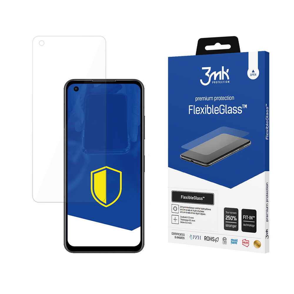 Un telefono con protezione schermo, una scatola con l'etichetta FlexibleGlass. La protezione è trasparente, la scatola è blu.