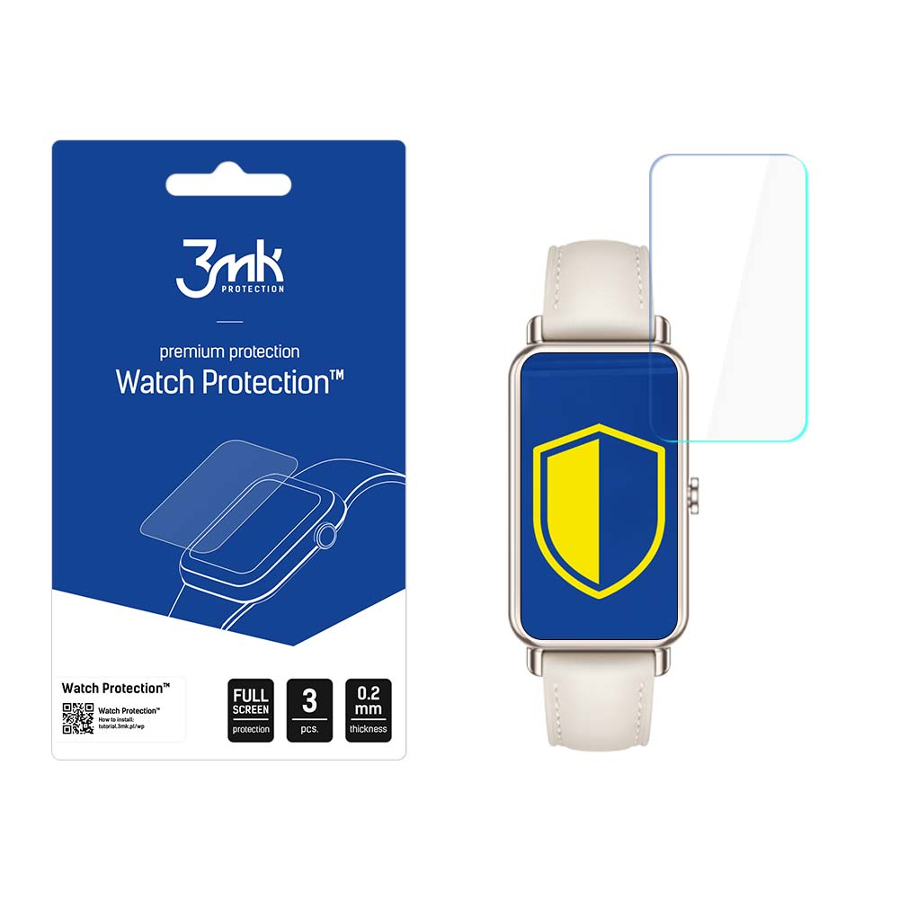 Uno smartwatch con protezione schermo, confezione del prodotto a sinistra. La protezione schermo è sullo schermo dell'orologio. Simbolo dello scudo sull'orologio.