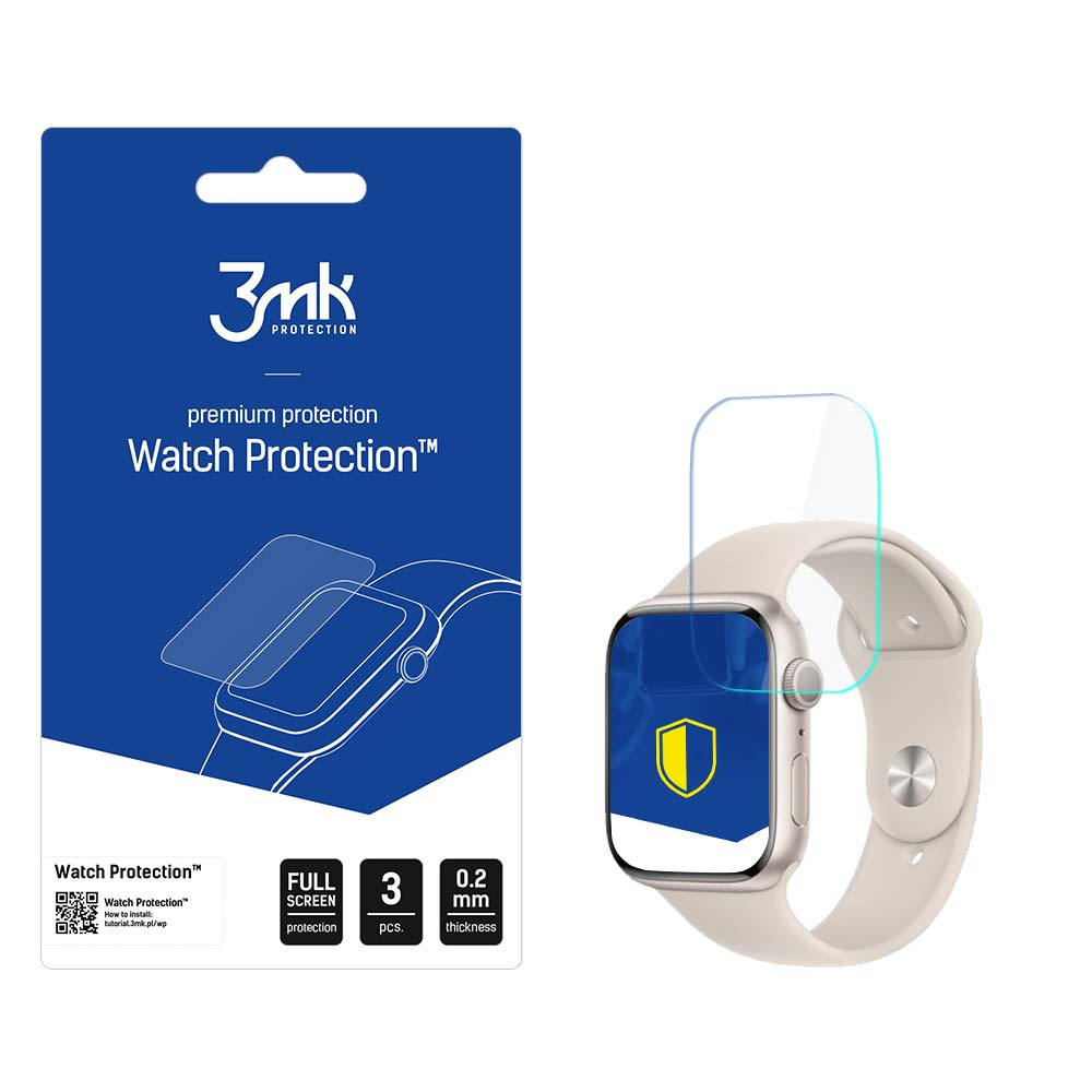 Zegarek z ochraniaczem ekranu obok opakowania produktu. Opakowanie mówi 'Watch Protection' i pokazuje szczegóły.