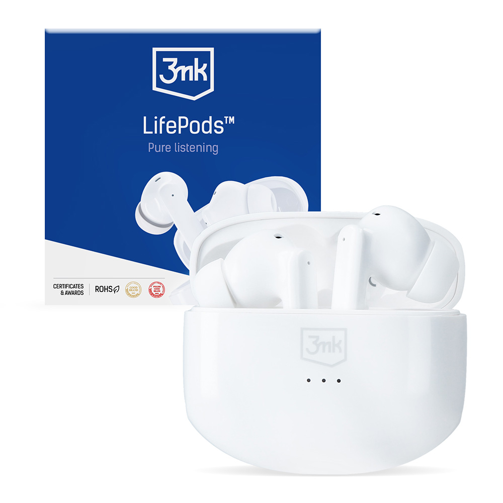 Auricolari LifePods bianchi nella custodia di ricarica, con una scatola blu sullo sfondo. La scatola ha il marchio 3mk e il testo LifePods.
