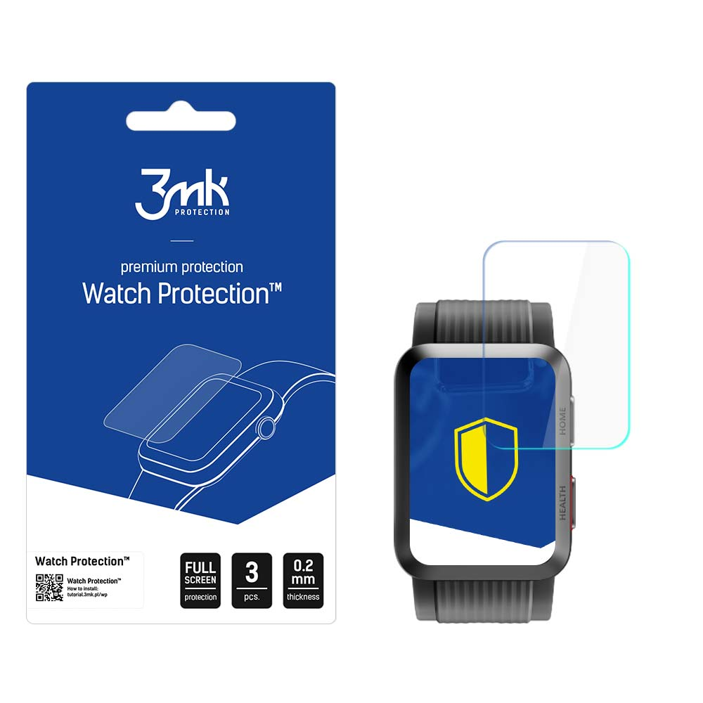 Uno smartwatch con una protezione schermo accanto alla confezione. La confezione mostra il marchio e i dettagli del prodotto. L'orologio ha un logo a scudo.