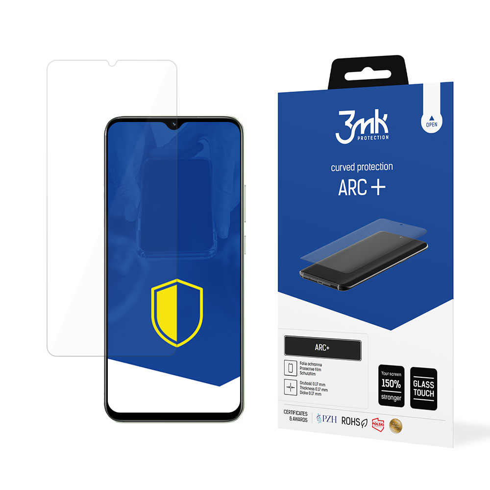 Een schermbeschermer en een doos met de productnaam 'ARC+'. De telefoon wordt weergegeven, met een geel en blauw schild.